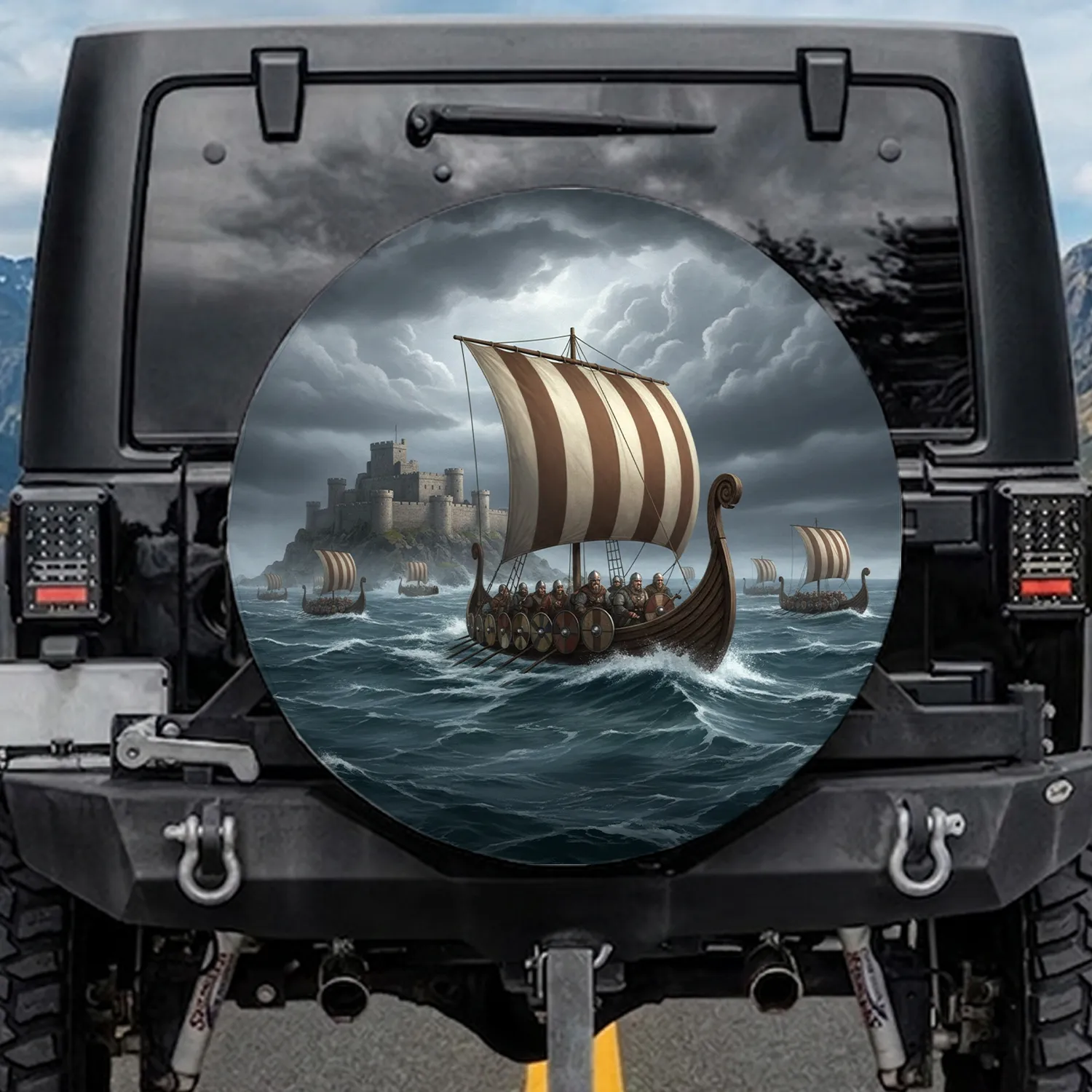 Viking Longship Warriors Helmets Shields Stormy Ocean Fortress - Outdoor Adventure Gift Spare Tire Cover - 1
