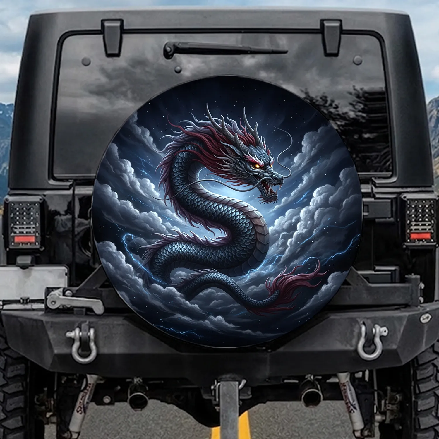 Majestic Asian Dragon Head Glowing Eyes Storm Clouds Night Sky - Dragon Lover Gift Spare Tire Cover - 1