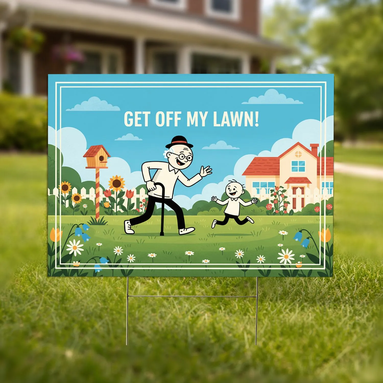 Grumpy Old Man Child Stick Figures 'Get Off My Lawn' Humor - Funny Outdoor Decor Yard Sign - 1