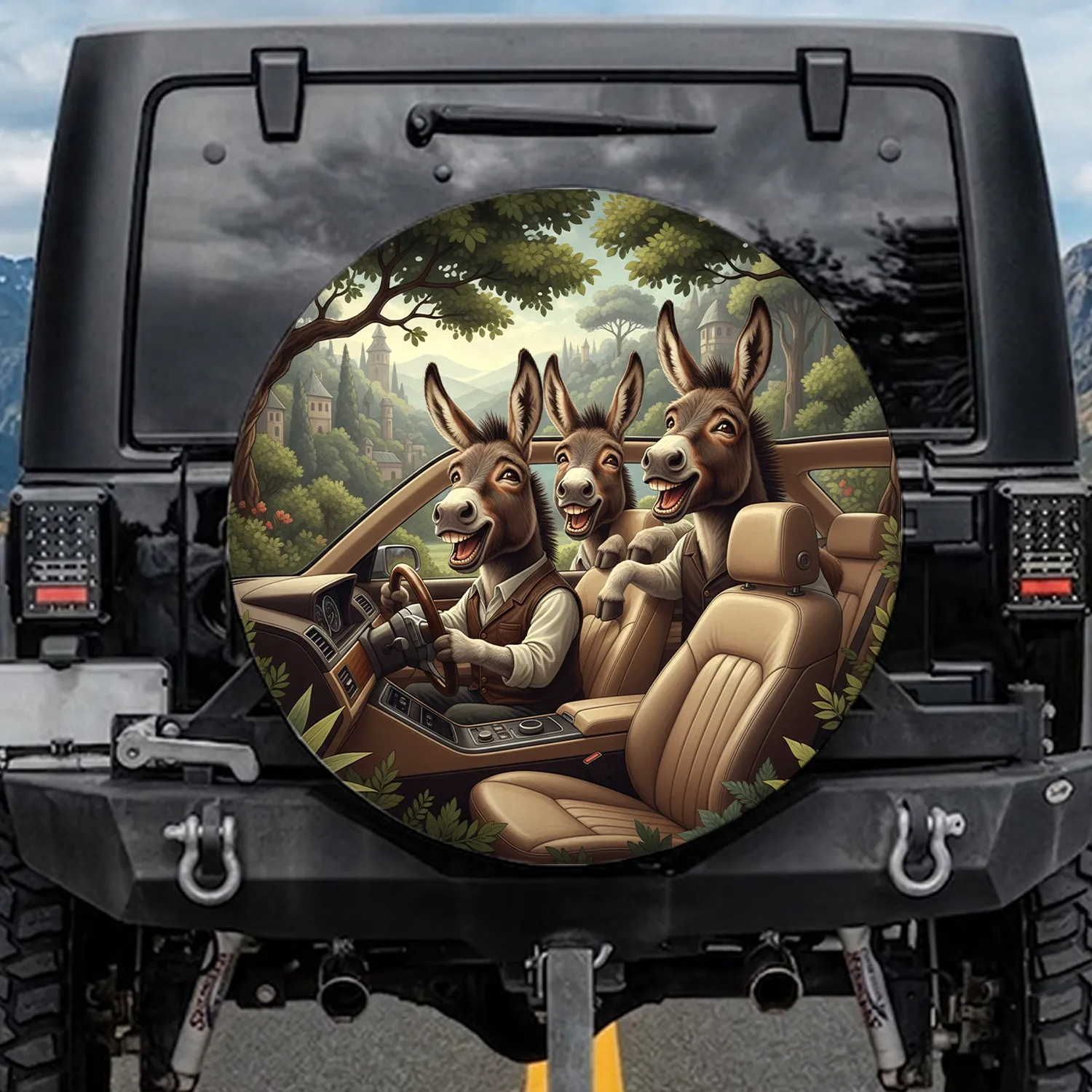 Funny Donkeys Driving Car - Road Trip Humor Gift for Animal Lovers Spare Tire Cover - 1