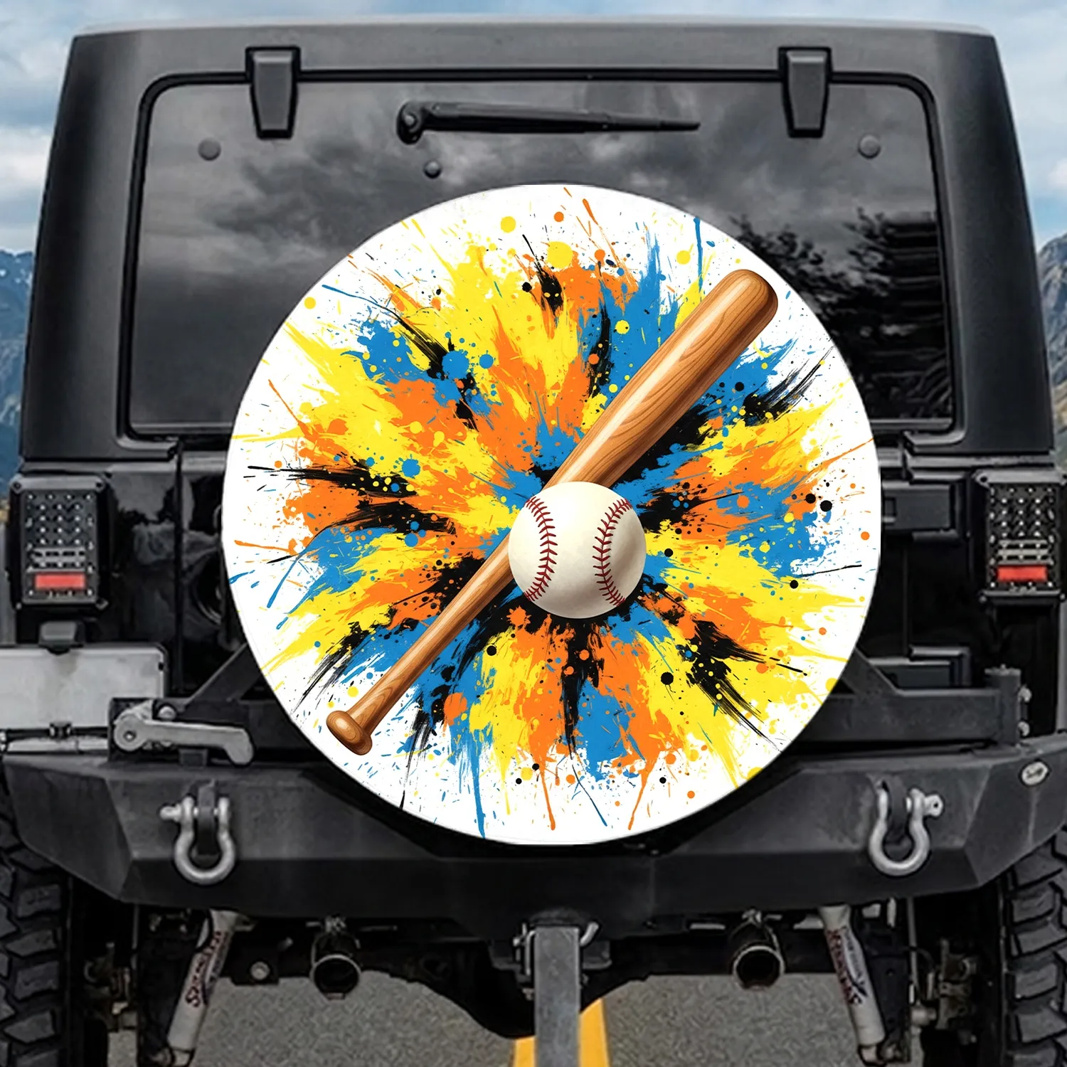 Wooden Baseball Bat Baseball Ball Energetic Paint Burst Sports Fan Gift Spare Tire Cover - 1