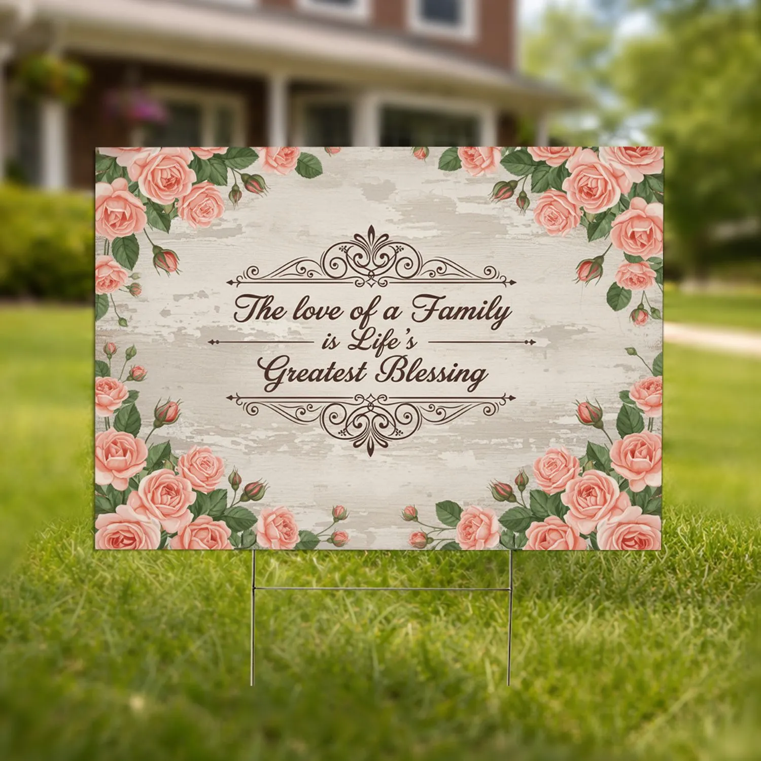 Roses Green Leaves Scrollwork Family Blessing Quote Rustic Wood Panel - Family Home Decor Gift Yard Sign - 1