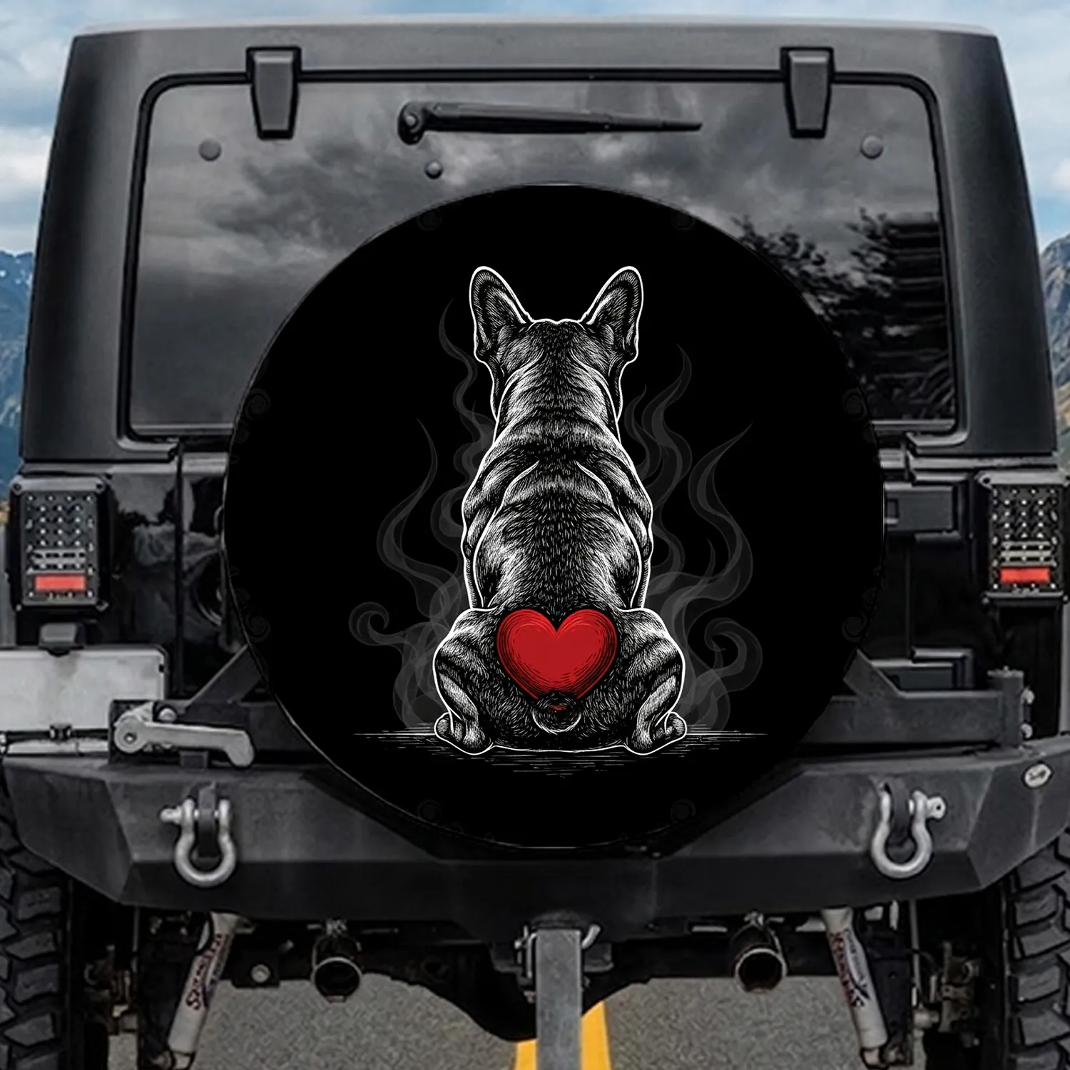 French Bulldog Silhouette Ethereal Smoke Red Heart - Dog Lover Gift Spare Tire Cover - 1
