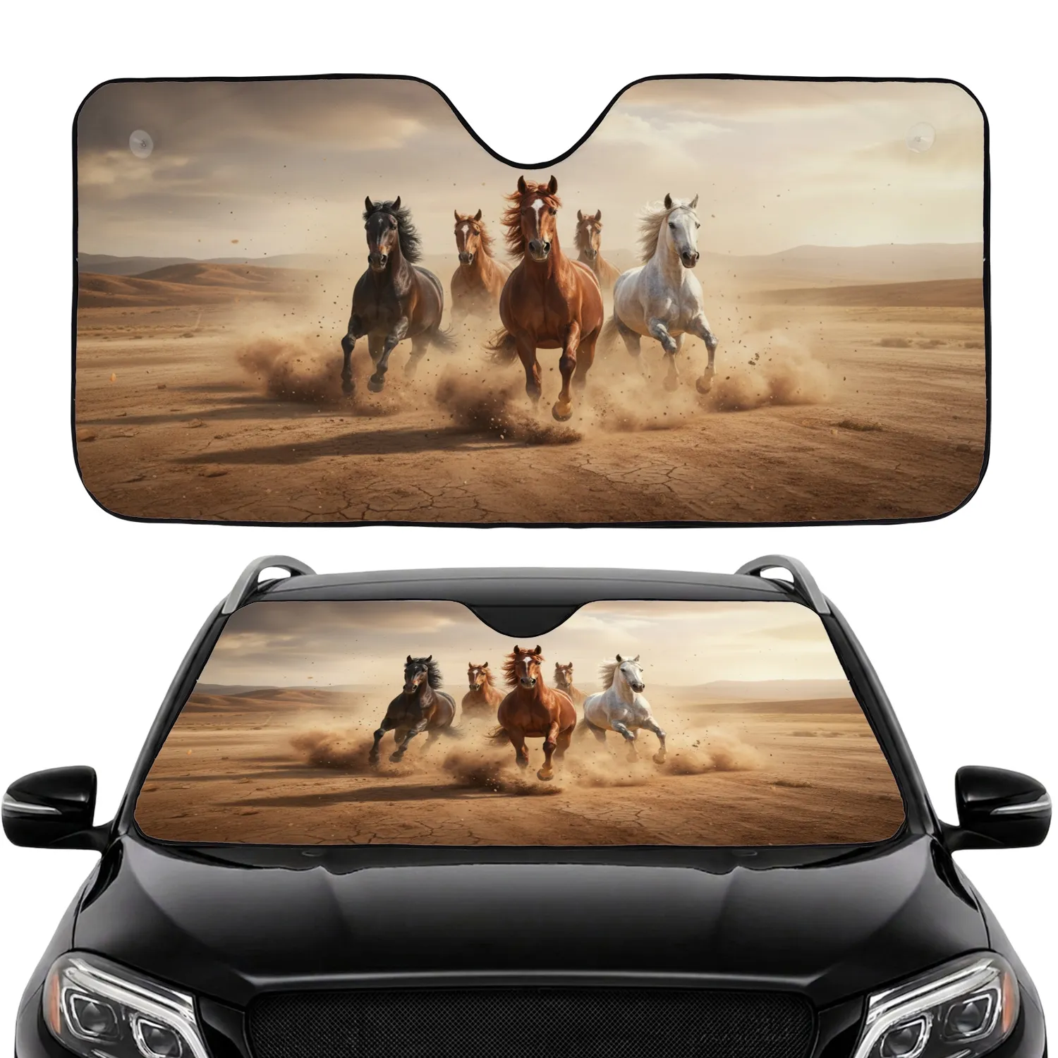 Three Powerful Galloping Horses Arid Desert Landscape - Equestrian Lover Gift Car Sunshade - 1