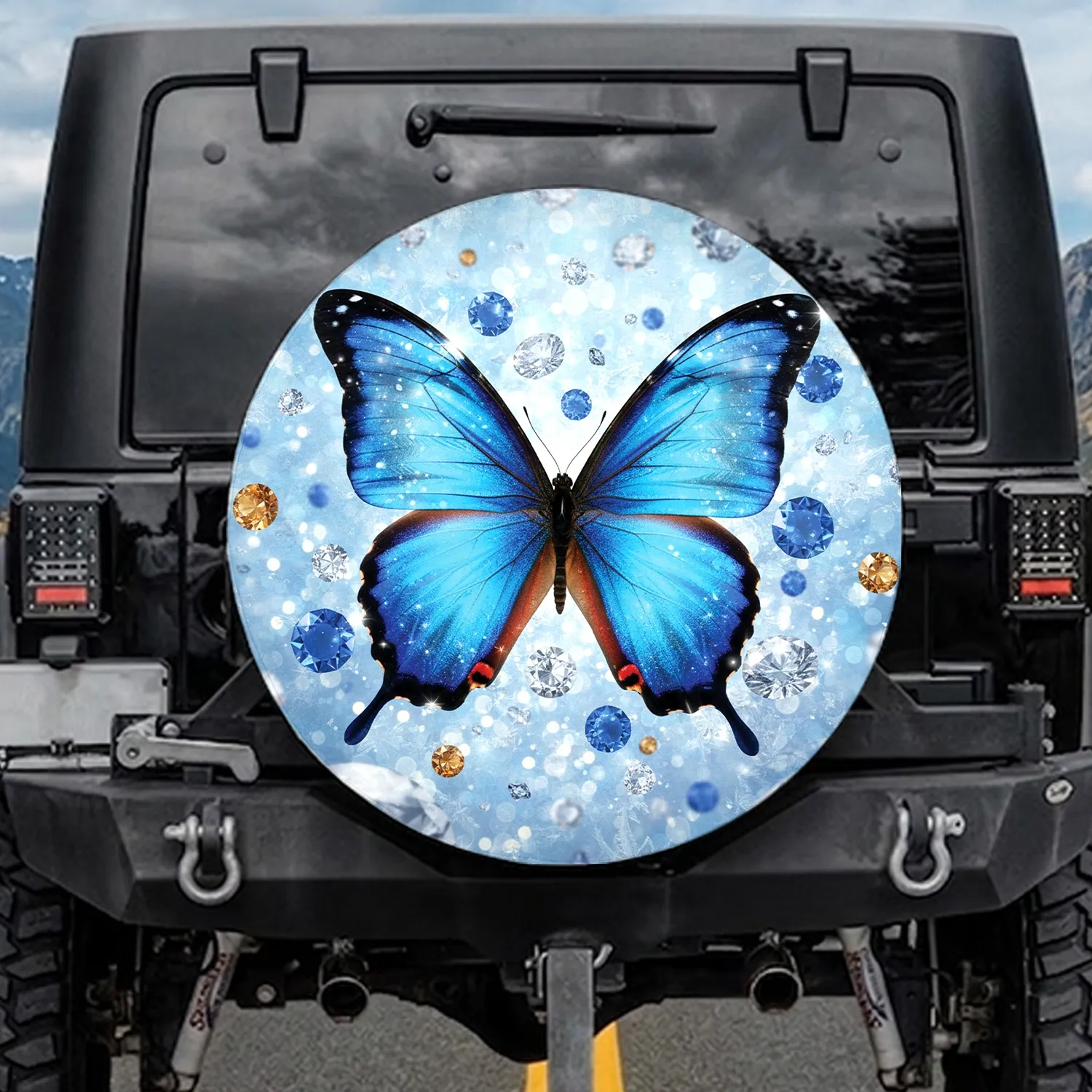 Iridescent Blue Butterfly Sparkling Diamond Gemstones Shimmering Field - Home Decor Gift Spare Tire Cover - 1