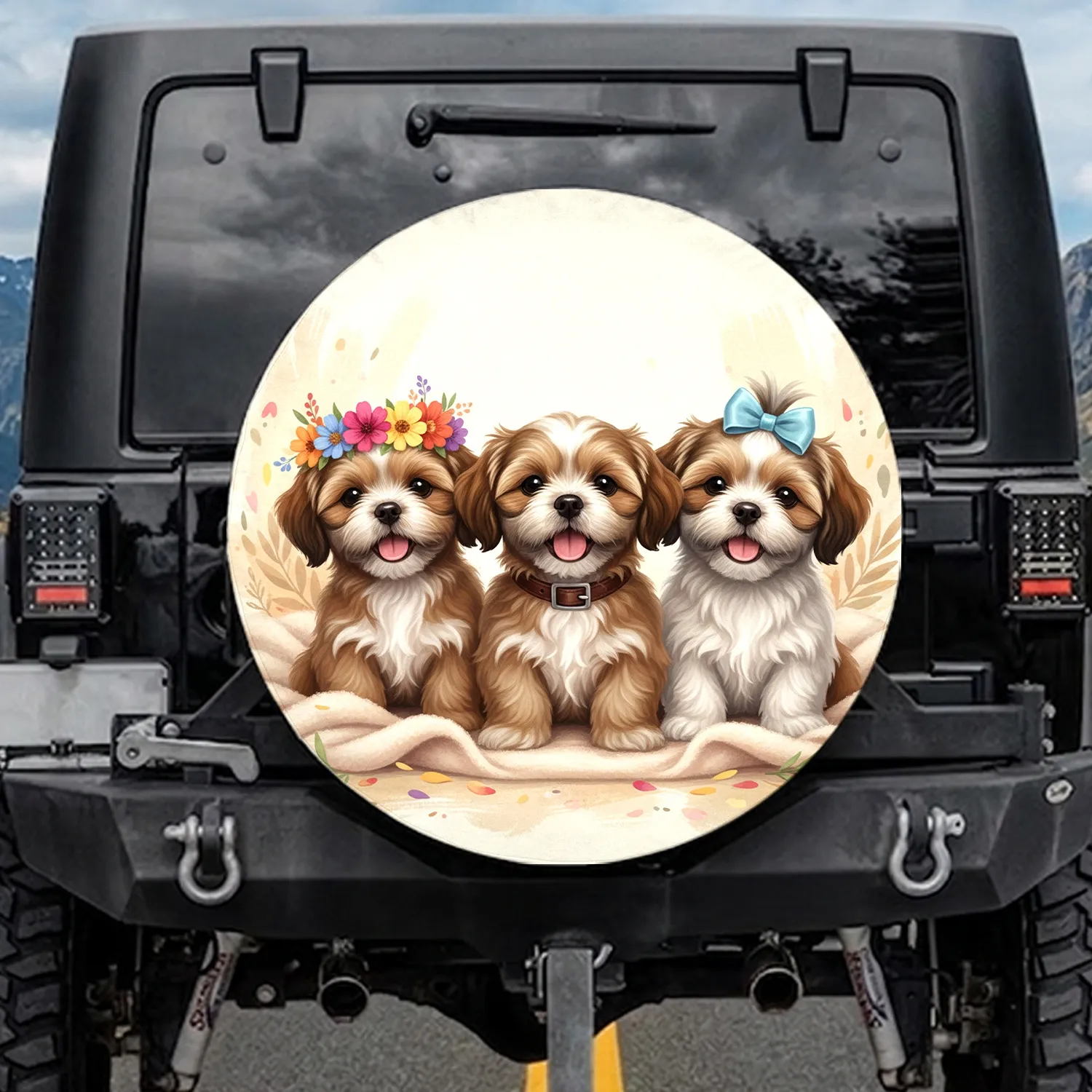 Three Fluffy Shih Tzu Puppies Floral Crown Collar Bow - Dog Lover Gift Spare Tire Cover - 1