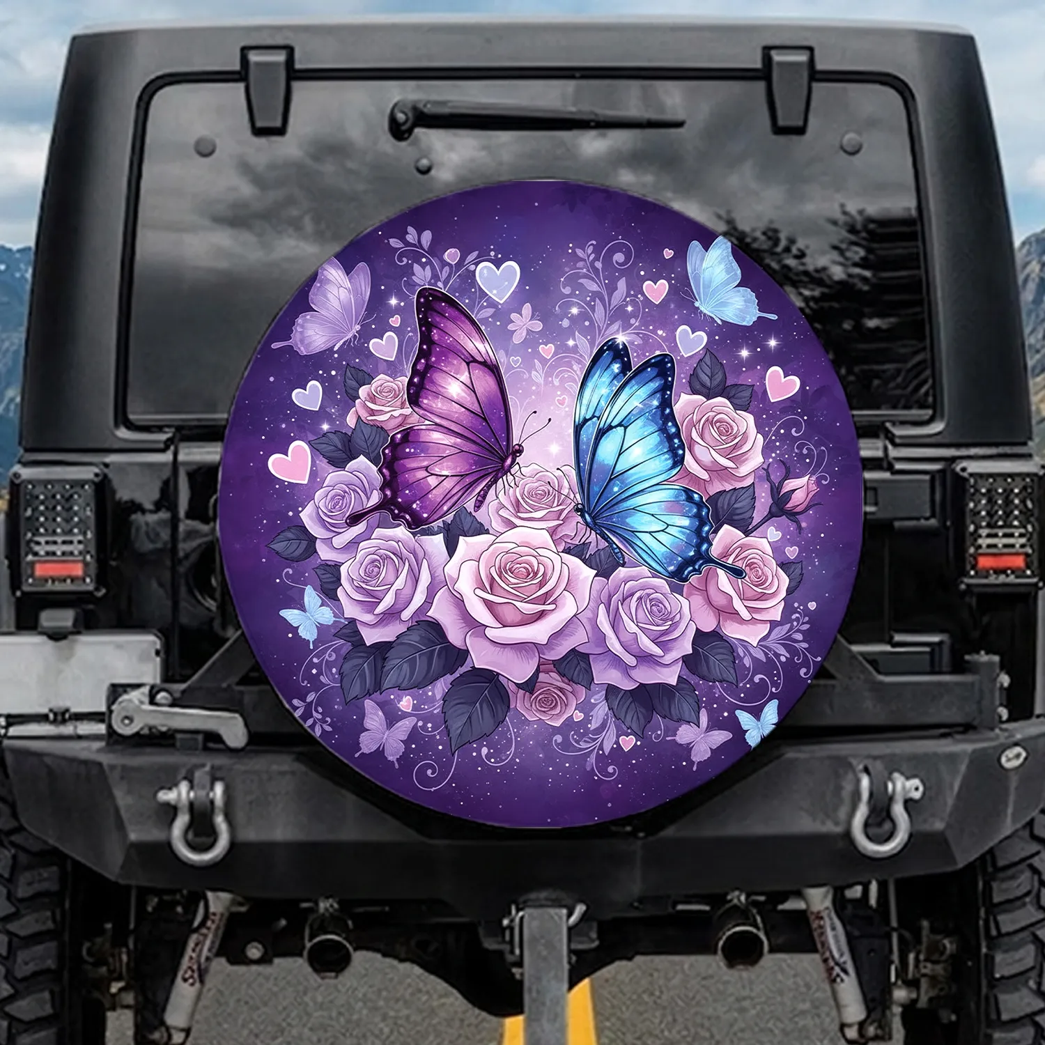 Iridescent Purple Blue Butterfly Rose Celestial Field - Fantasy Lover Gift Spare Tire Cover - 1