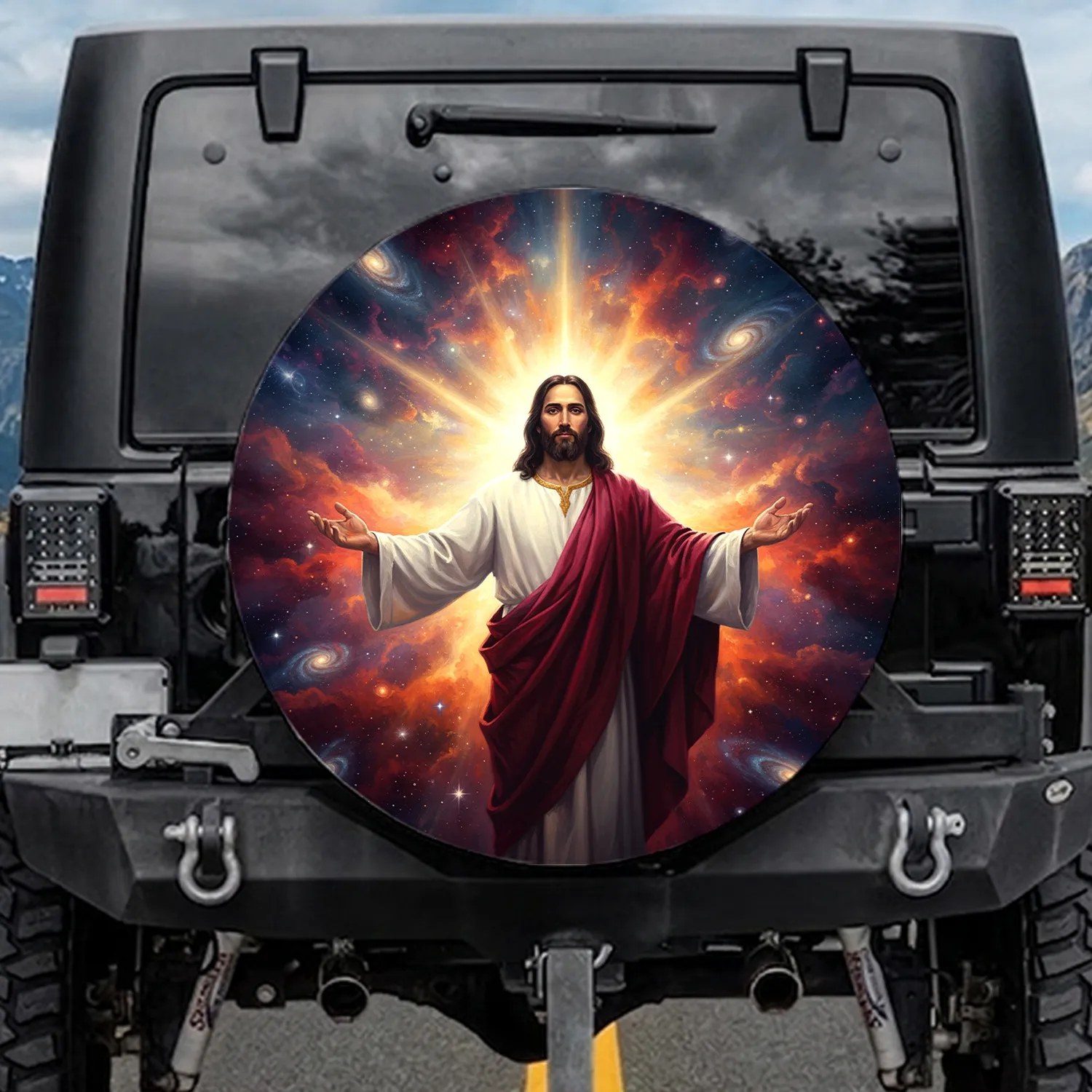 Divine Bearded Figure Golden Aura Starfield - Spiritual Journey Gift Spare Tire Cover - 1