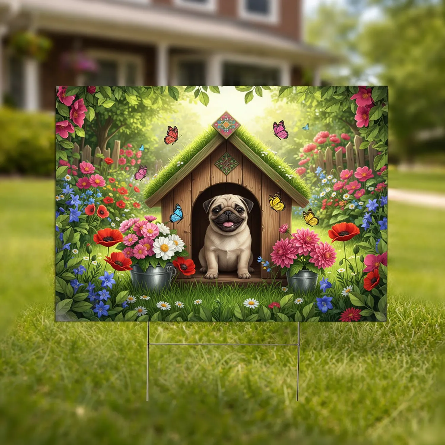 Cheerful Pug Puppy Rustic Doghouse Garden - Garden Decor Gift for Dog Lovers Yard Sign - 1