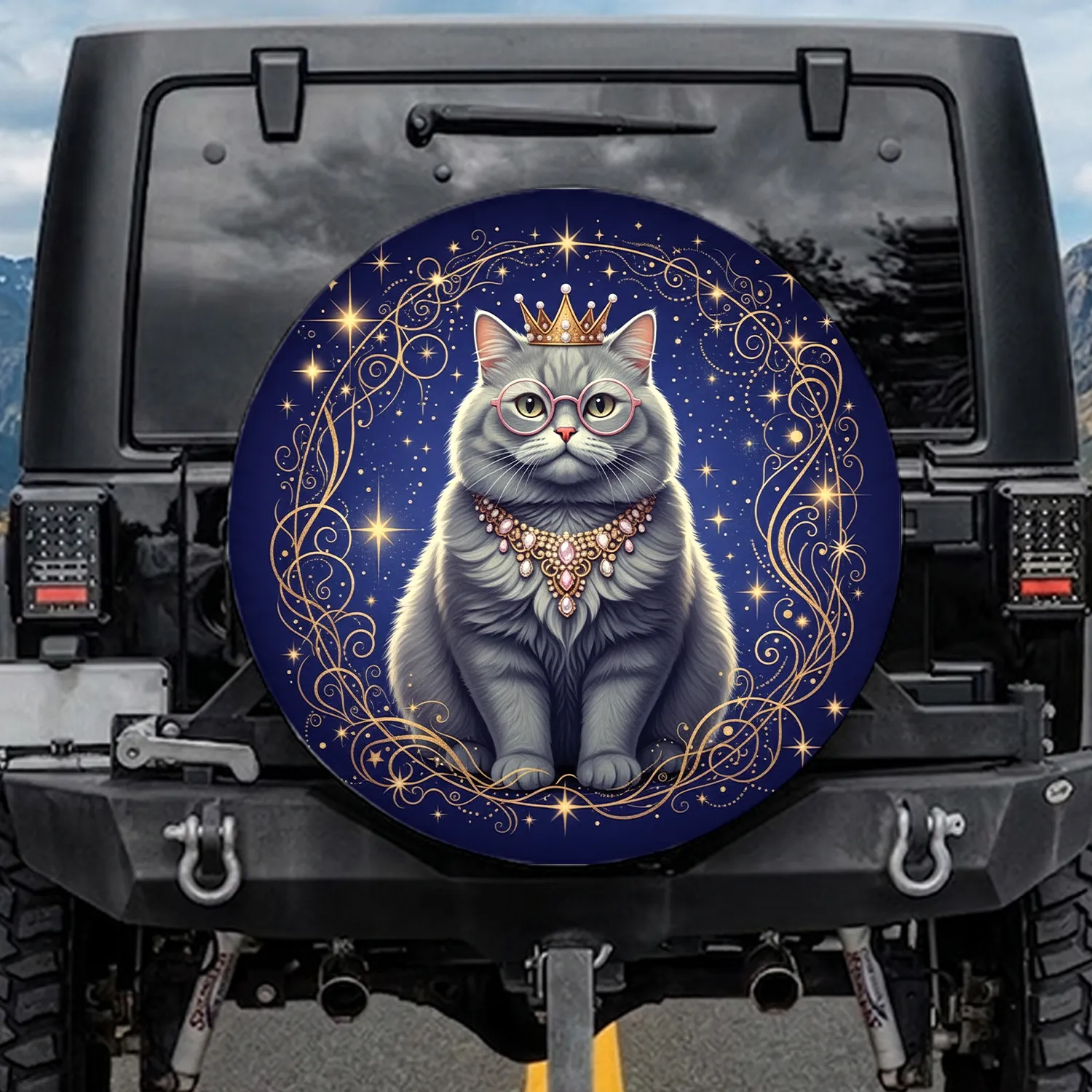 Light Grey Cat Pink Glasses Crown Necklace - Celestial Night Sky Cat Lover Gift Spare Tire Cover - 1