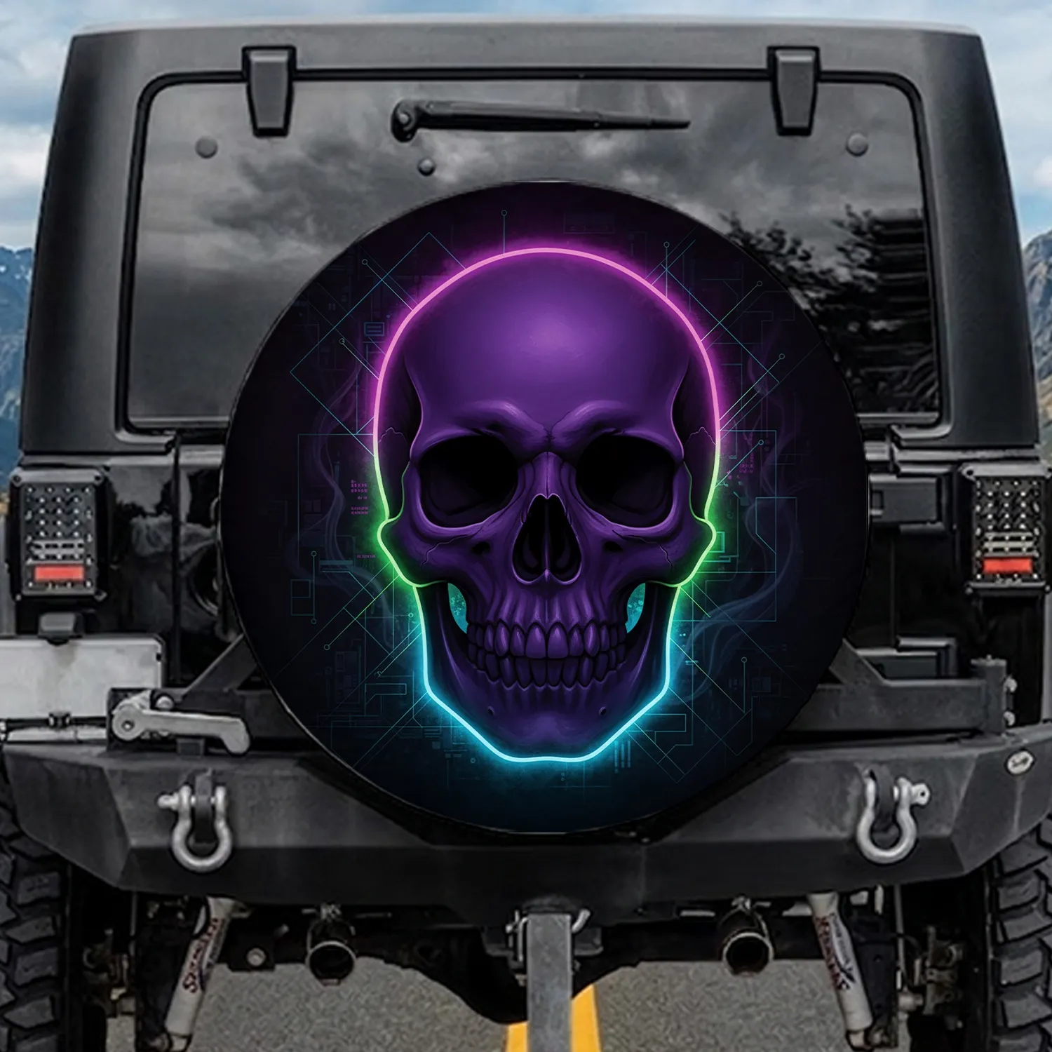 Neon Skull Macabre Cyberpunk Decor - Goth Lover Gift Spare Tire Cover - 1