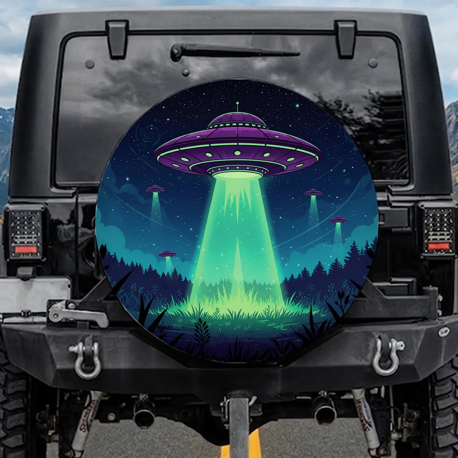 Retro Futuristic UFO Abduction Beam Night Sky - Sci-Fi Fan Gift Spare Tire Cover - 1