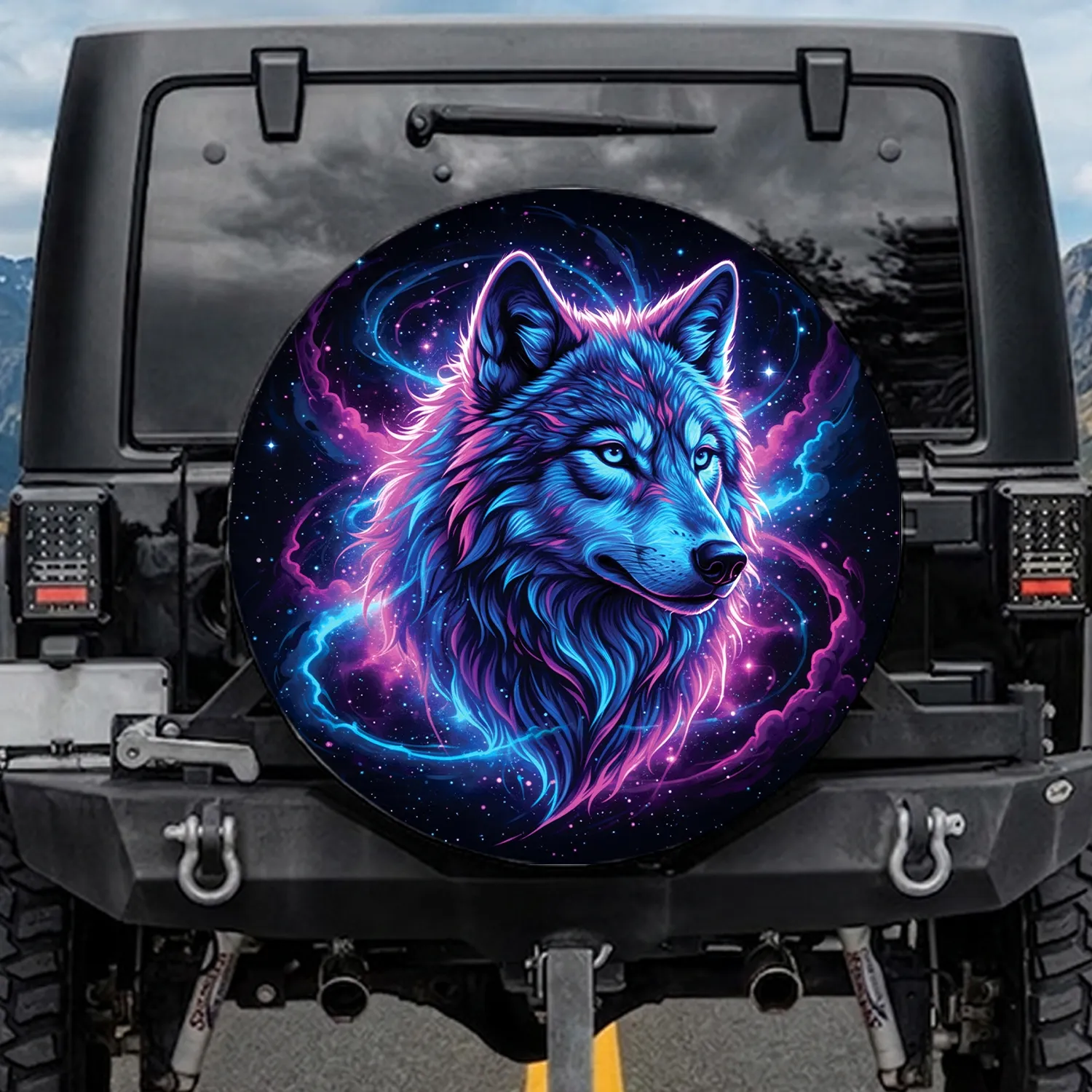 Cosmic Wolf Neon Blue Magenta Nebula Stars Universe - Wolf Lover Gift Spare Tire Cover - 1