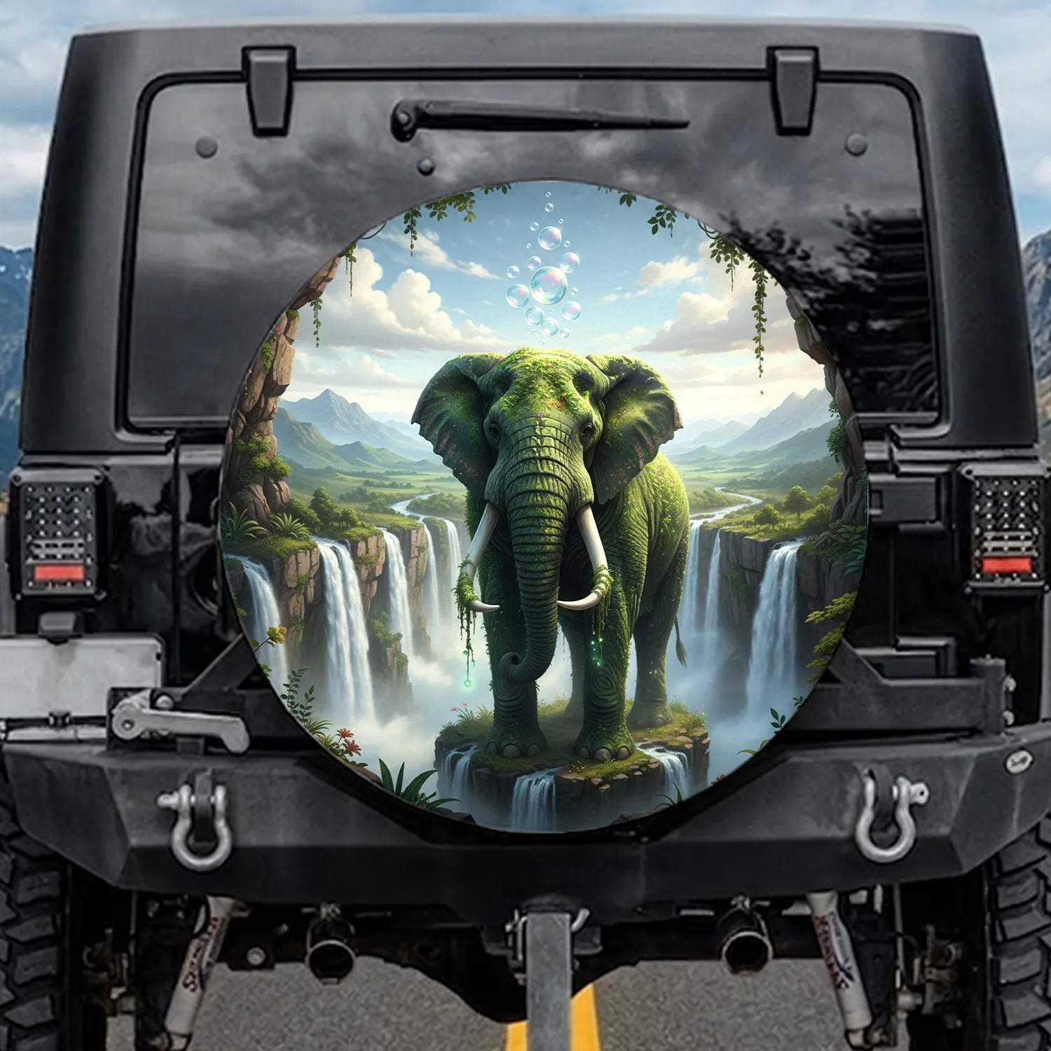 Elephant Mossy Vines Glowing Bubbles Waterfalls - Nature Lover Gift Spare Tire Cover - 1