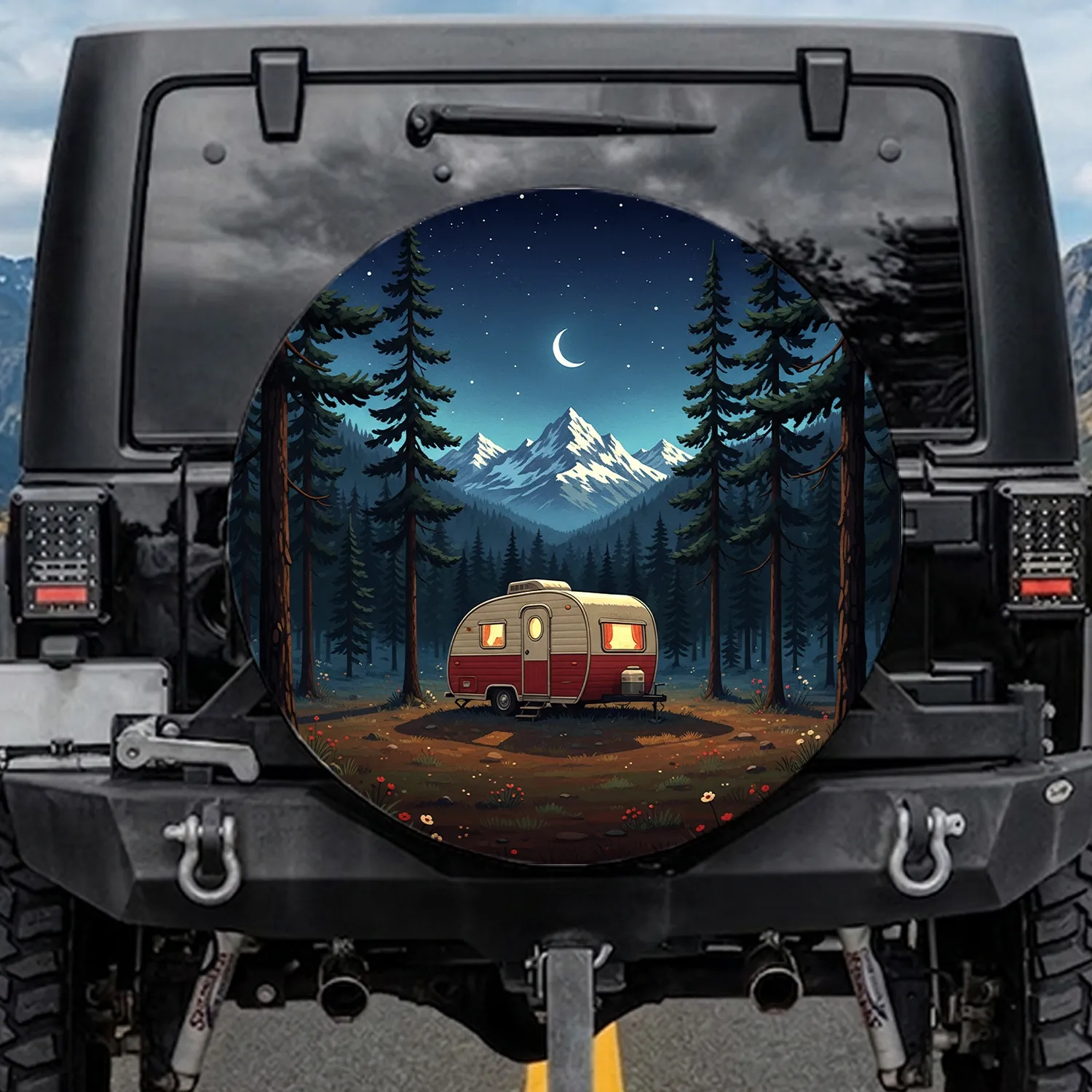 Vintage Travel Trailer Pine Forest Starry Night - Road Trip Adventure Traveler Gift Spare Tire Cover - 1
