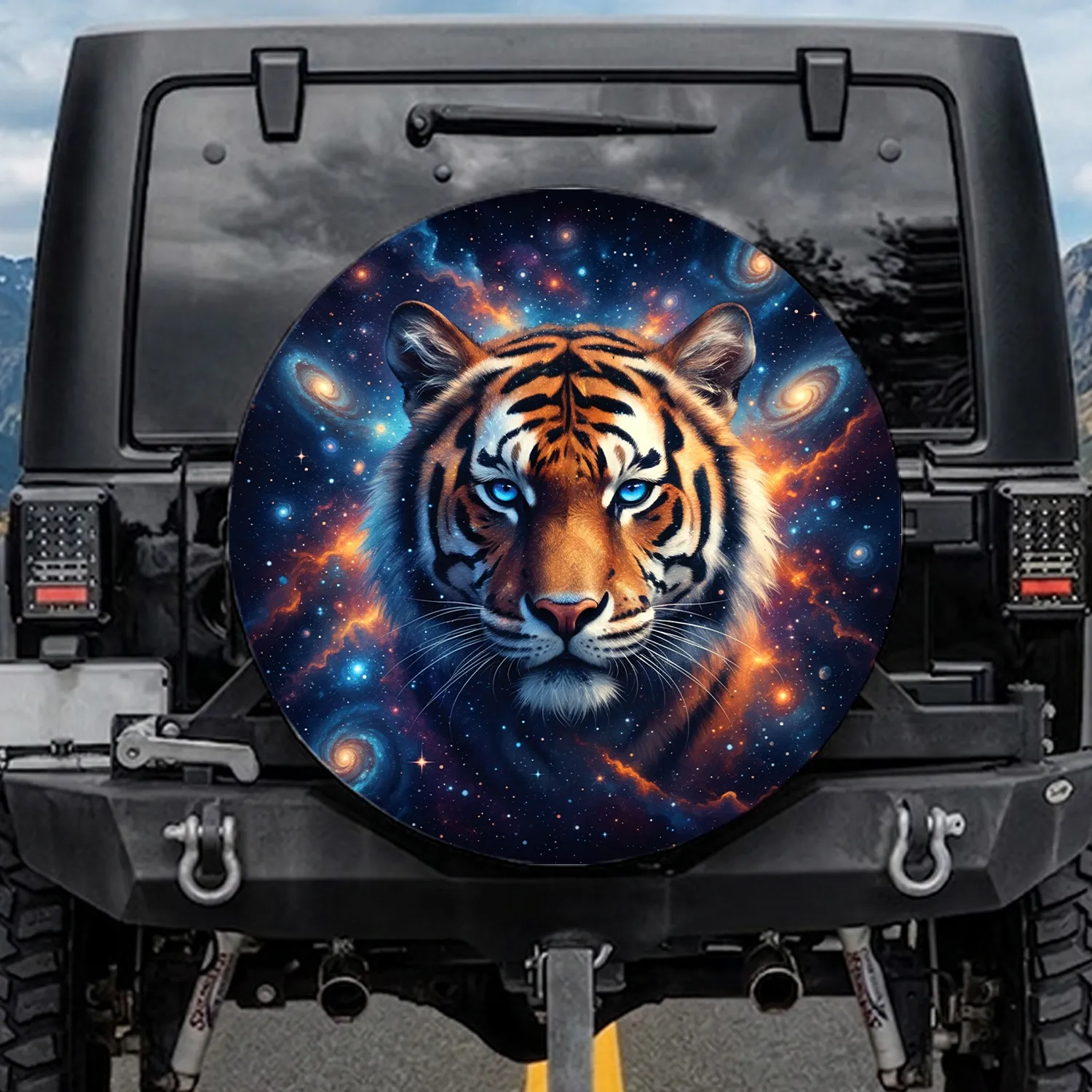 Galactic Cosmic Tiger Head Electric Blue Eyes - Wildlife Car Accessory Gift Spare Tire Cover - 1