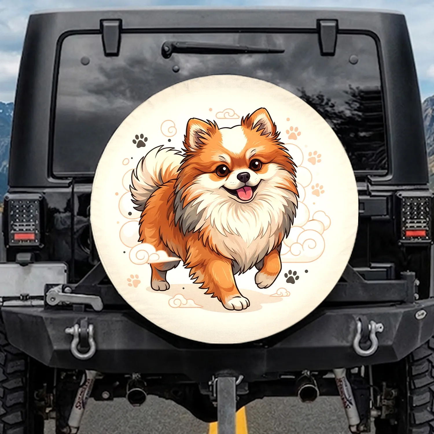 Pomeranian Dog Tongue Out Cloud Paw Prints - Pet Owner Car Accessory Gift Spare Tire Cover - 1