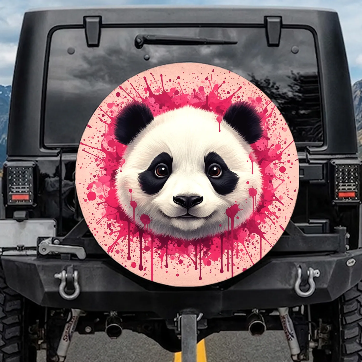 Panda Face Pink Fuchsia Paint Splatter - Wildlife Lover Travel Essentials Spare Tire Cover - 1