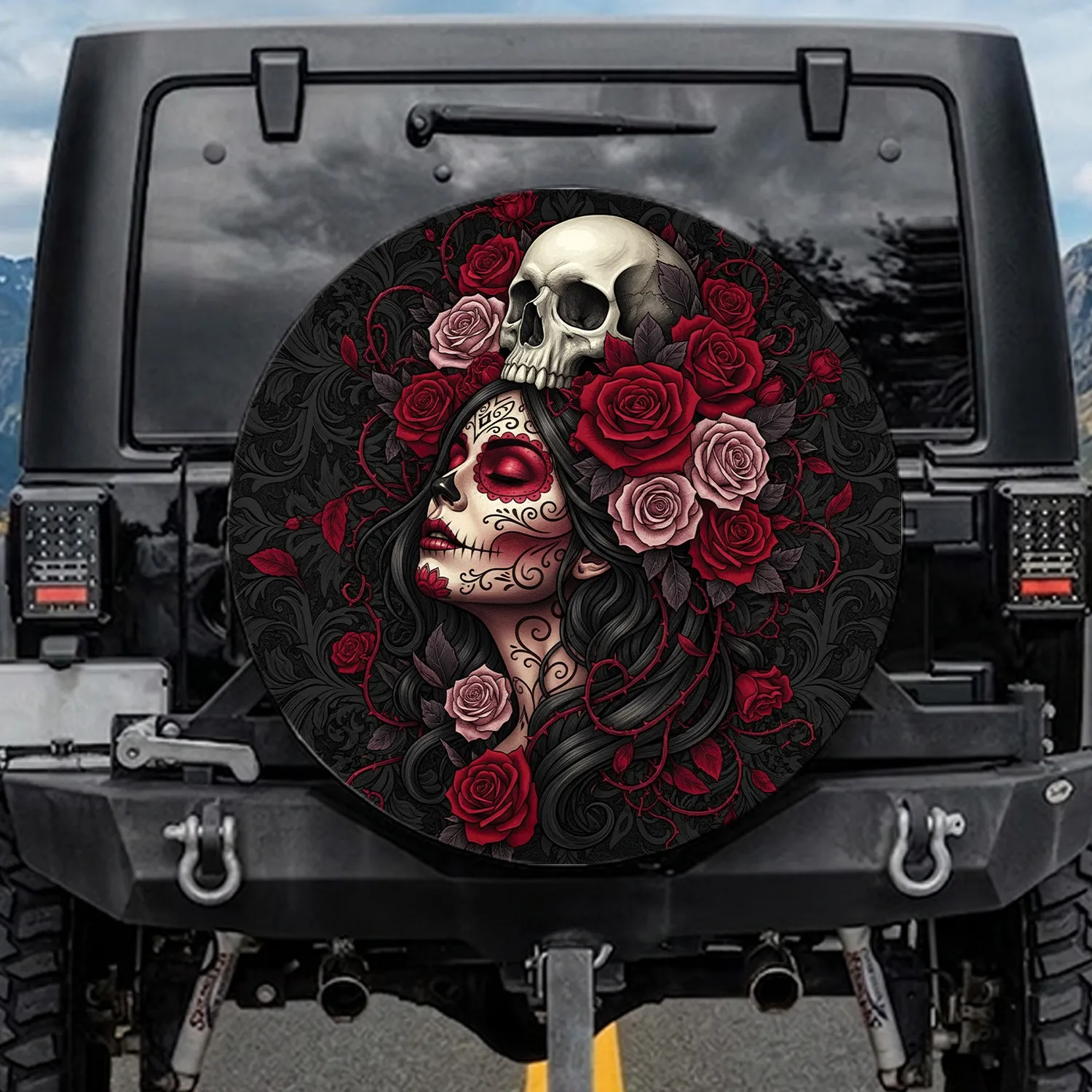 Gothic Sugar Skull Woman Profile Human Skull Roses Foliage - Dia de los Muertos Gift Spare Tire Cover - 1