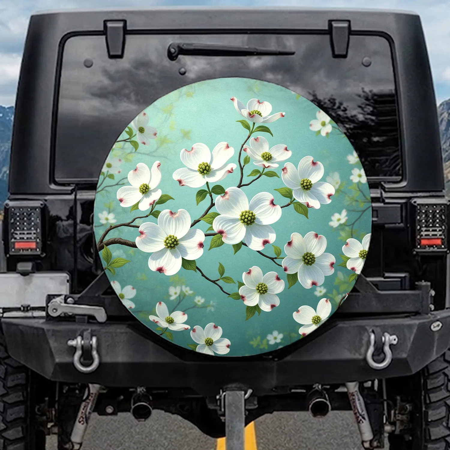 White Dogwood Flowers Green Leaves Serene Teal Turquoise Woodland - Nature Lover Gift Spare Tire Cover - 1