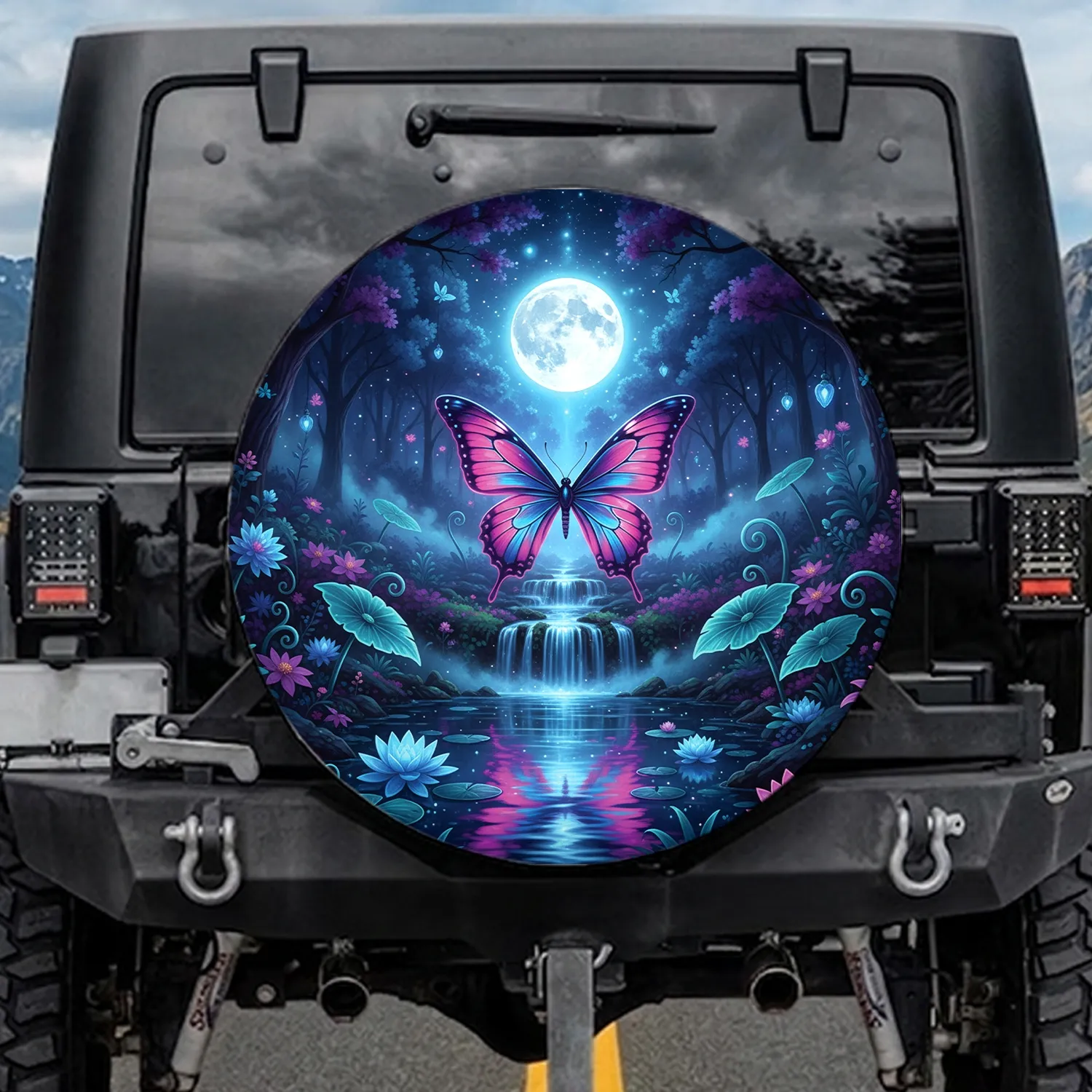 Glowing Magenta Butterfly Waterfall Full Moon - Mystical Night Decor Gift Spare Tire Cover - 1