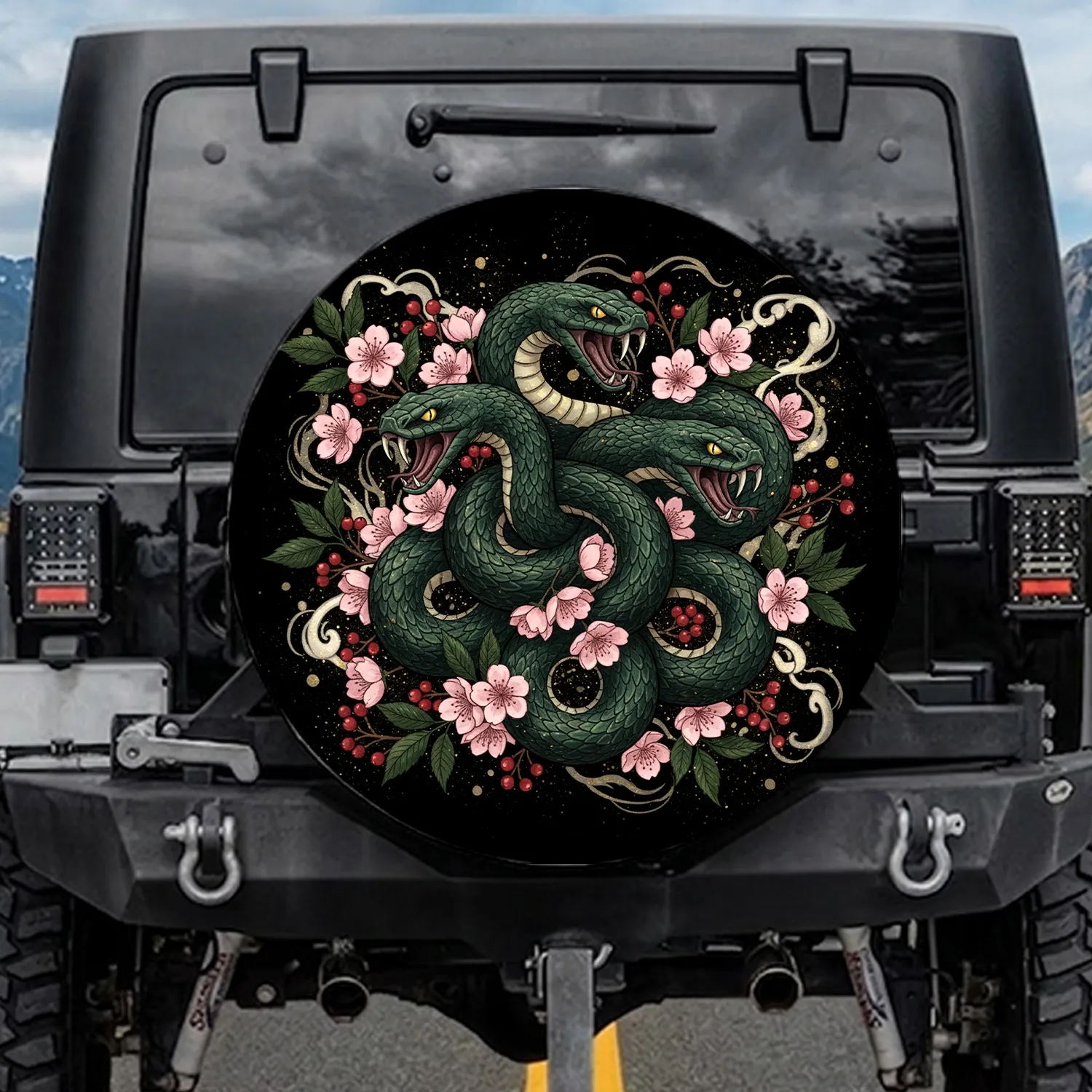Snarling Snake Heads Intertwined Cherry Blossoms Red Berries - Wildlife Lover Auto Decor Gift Spare Tire Cover - 1