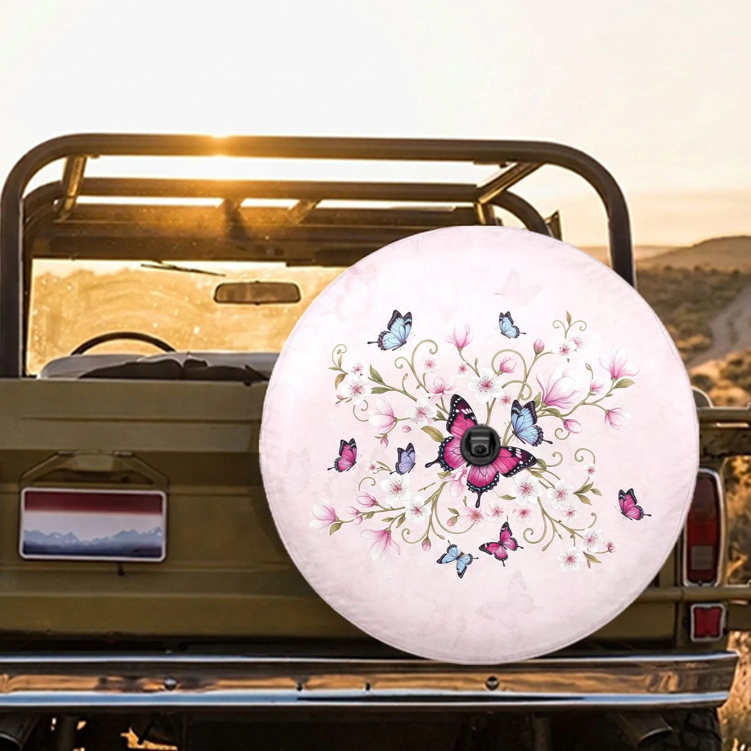 Fuchsia Light Blue Purple Butterflies Floral Blooms Botanical Foliage Vines - Nature Lover Gift Spare Tire Cover - 1