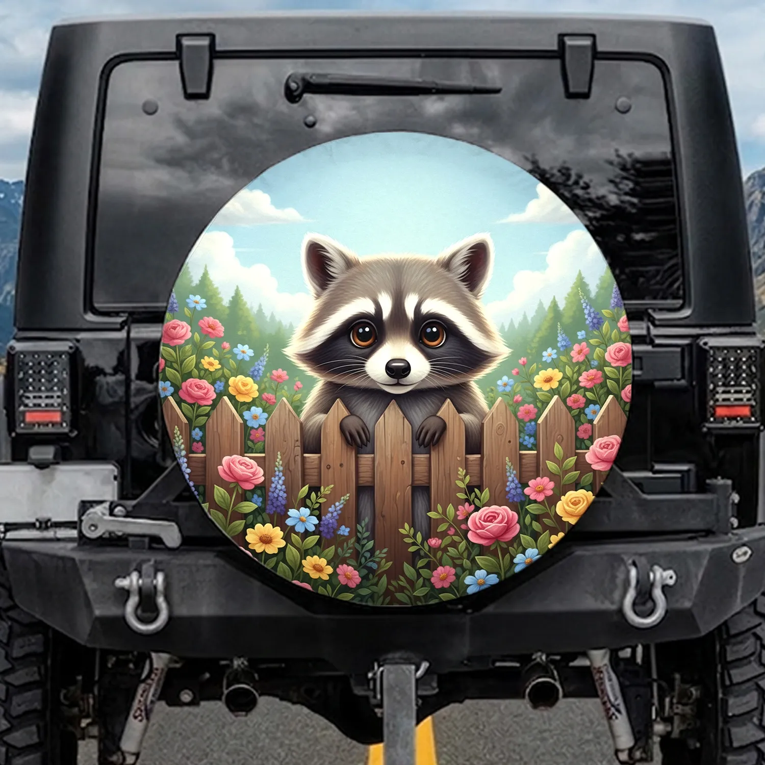 Raccoon Picket Fence Wildflowers - Wildlife Lover Outdoor Decor Gift Spare Tire Cover - 1