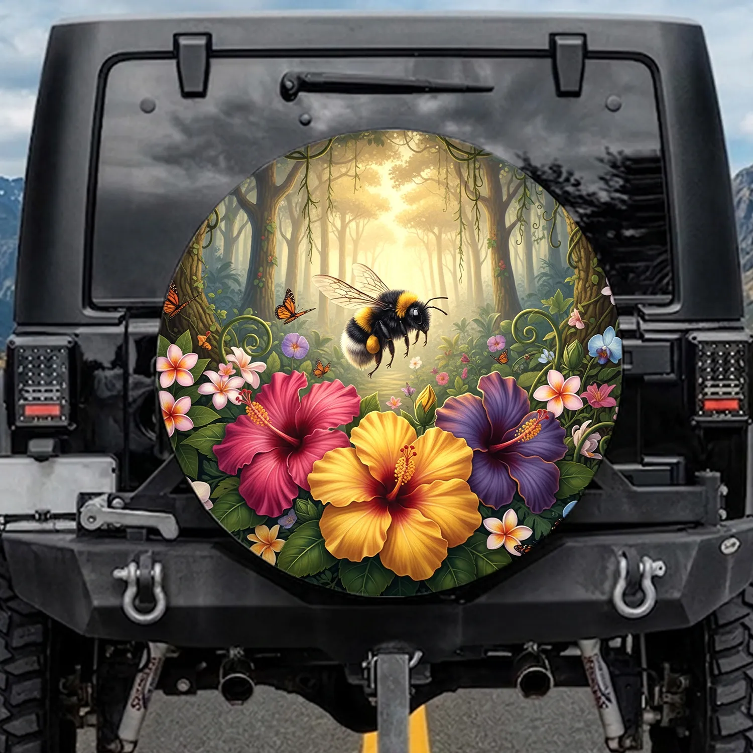 Bumblebee Hibiscus Monarch Butterflies Tropical Jungle - Wildlife Lover Gift Spare Tire Cover - 1