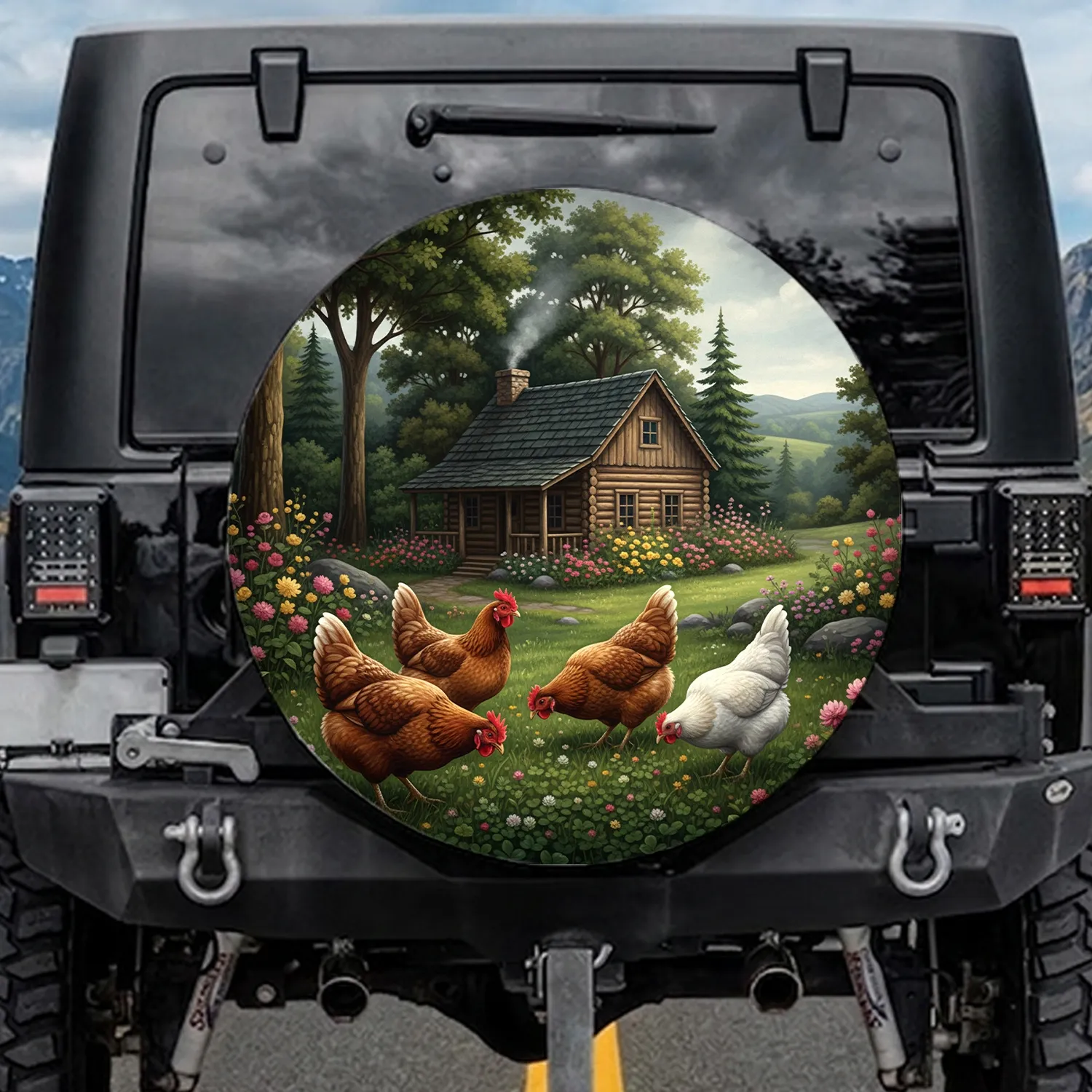 Realistic Chickens Log Cabin Flower Beds - Farmhouse Home Decor Gift for Chicken Lover Spare Tire Cover - 1
