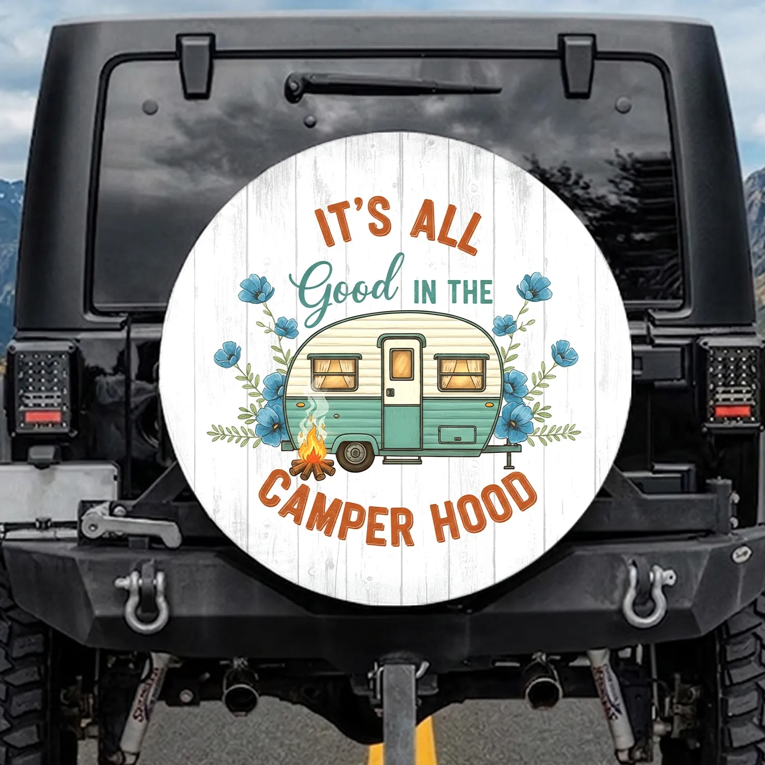 Vintage Camper Campfire Blue Flowers 'Camper Hood' - Outdoor Explorer Gift Spare Tire Cover - 1