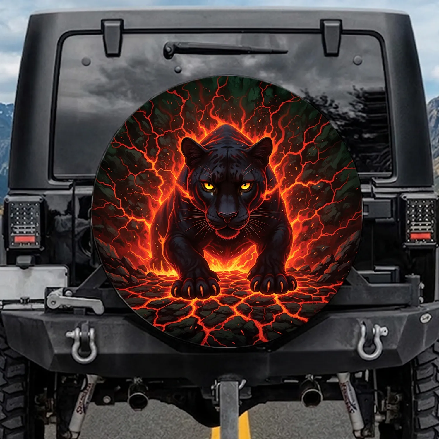 Dark Fiery Feline Yellow Eyes Eruptive Magma Cracks - Adventure Seeker Gift Spare Tire Cover - 1