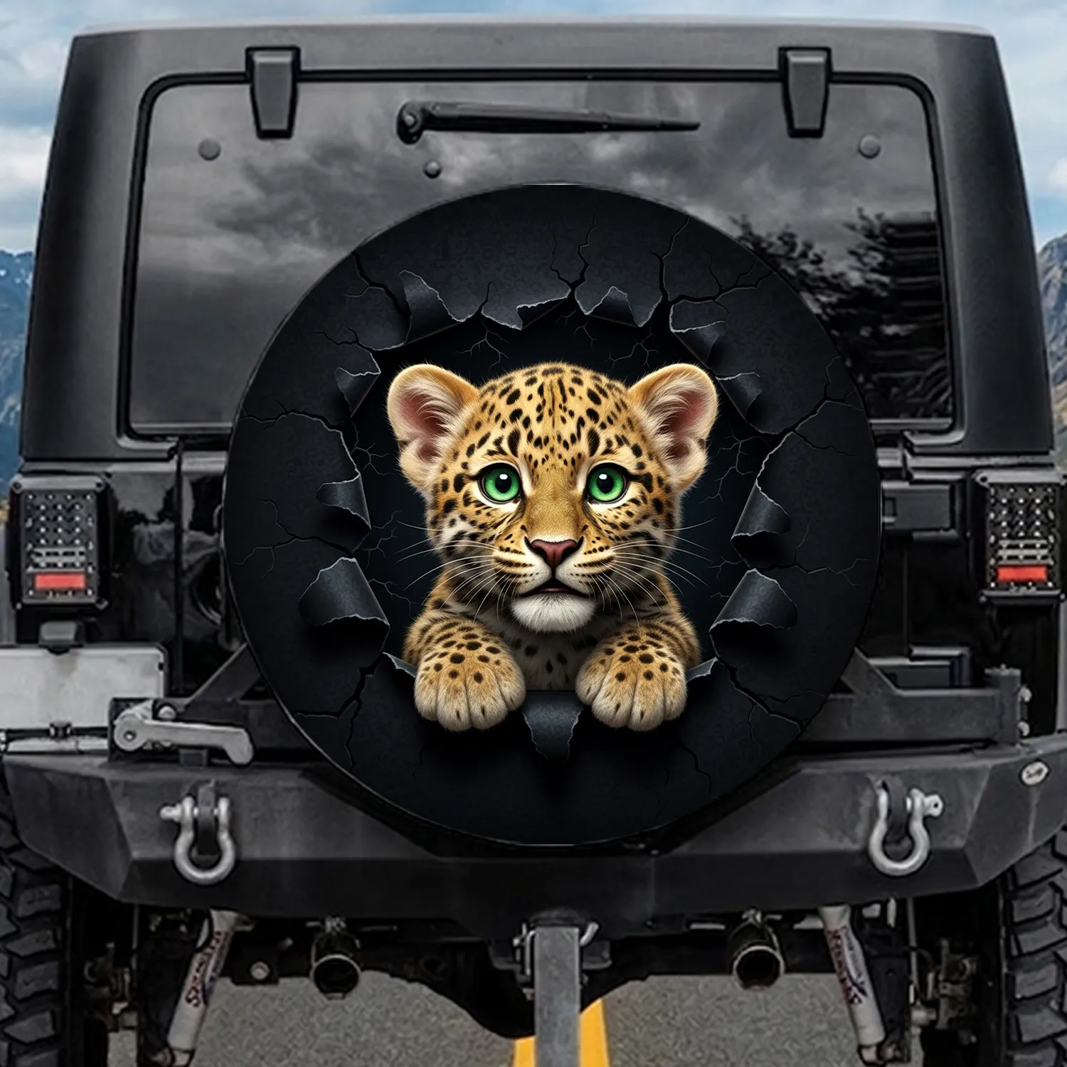 Spotted Leopard Cub Peeking Torn Breach - Wildlife Lover Gift Spare Tire Cover - 1