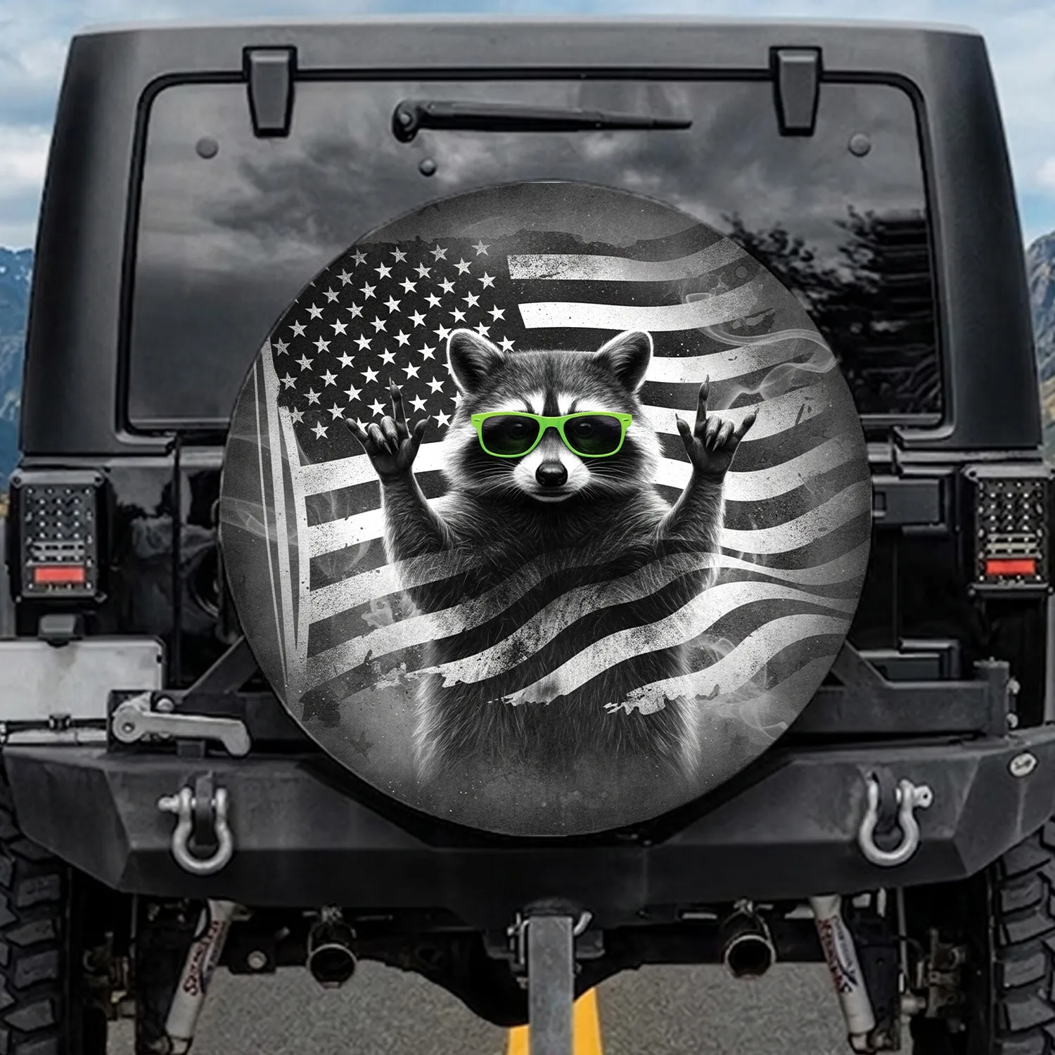 Raccoon Neon Sunglasses Rock Horns American Flag Patriotic Wildlife Lover Everyday Gift Spare Tire Cover - 1