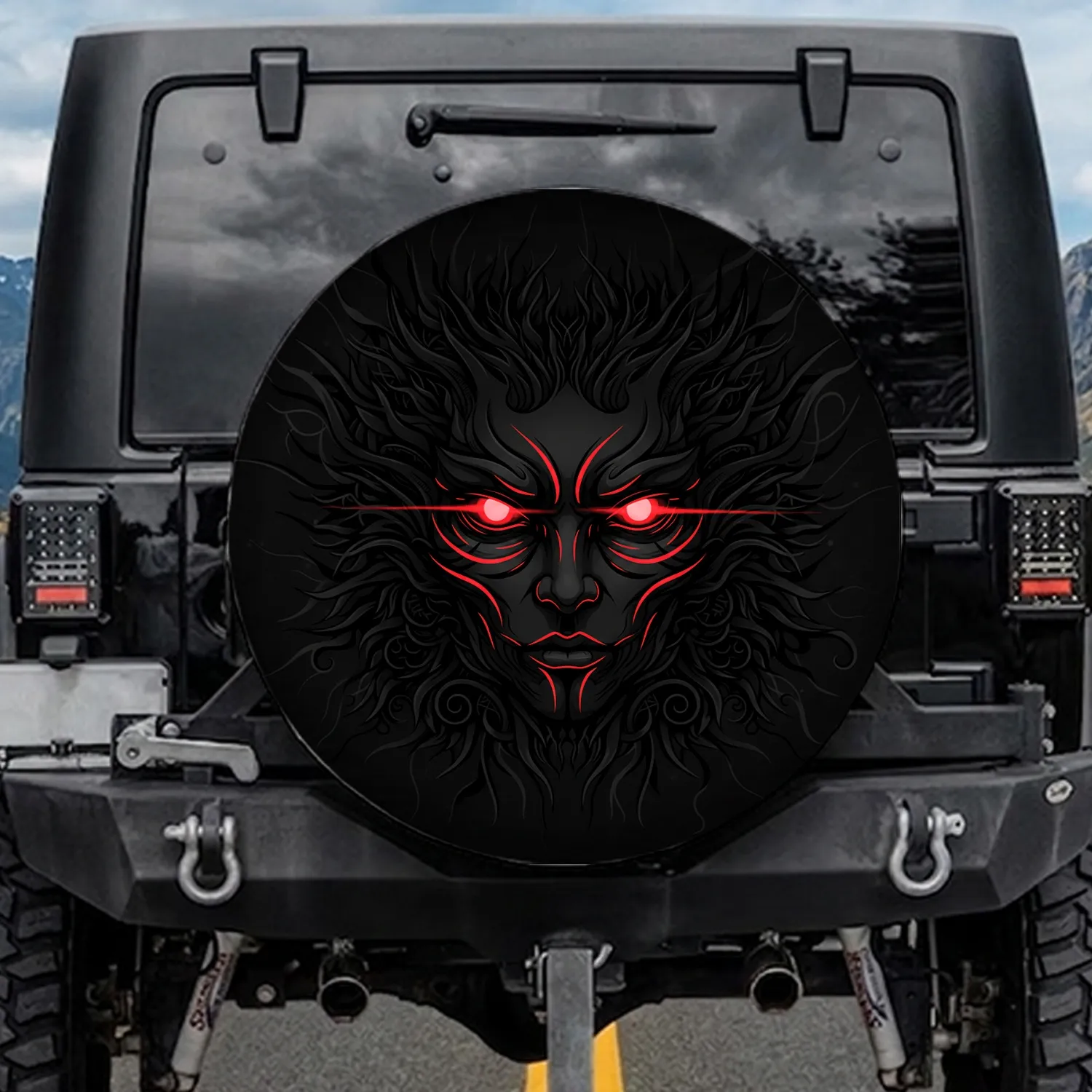 Dark Enigmatic Face Swirling Energy - Everyday Outdoor Style Spare Tire Cover - 1