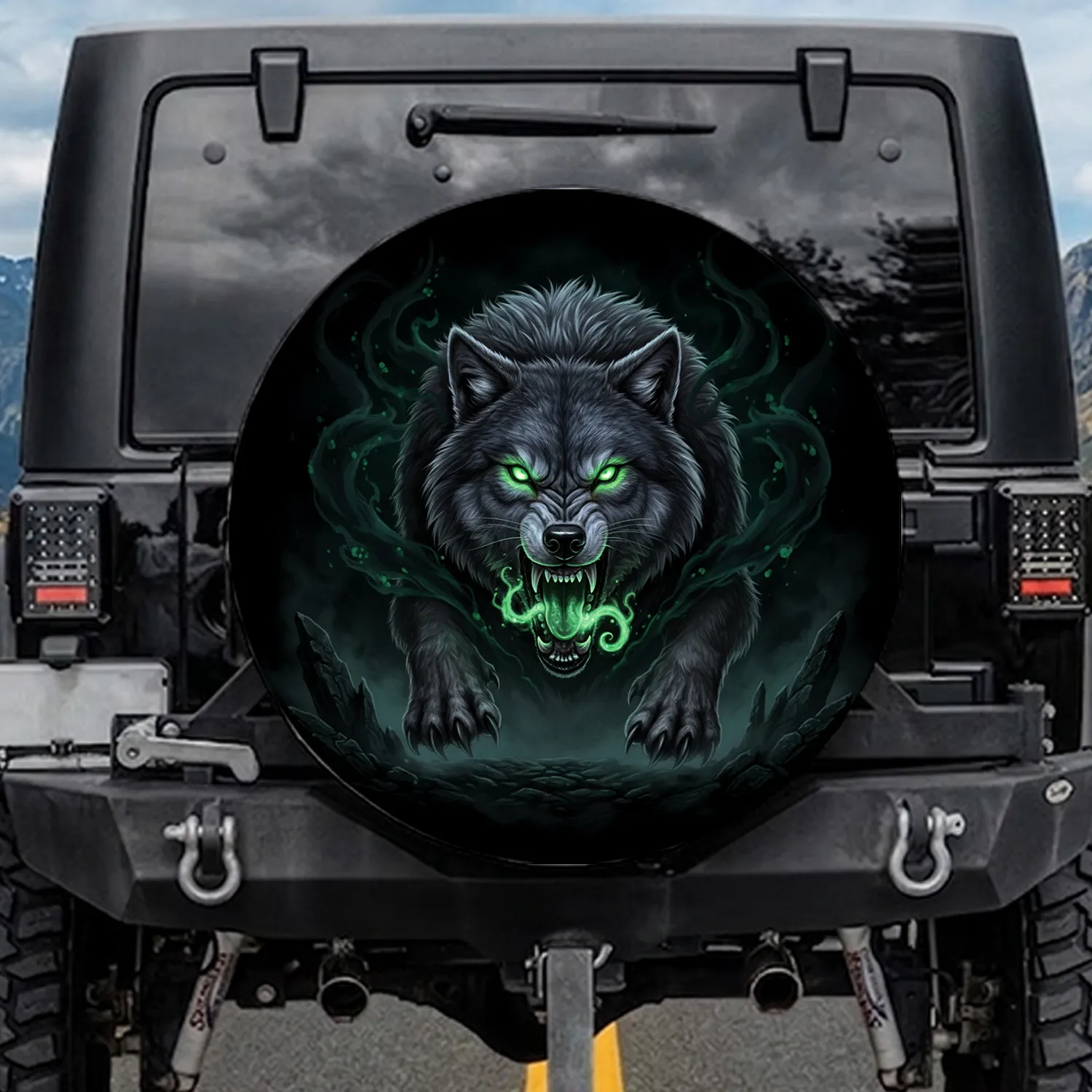 Ferocious Snarling Wolf Green Eyes Fangs - Untamed Nature Decor Wildlife Lover Gift Spare Tire Cover - 1