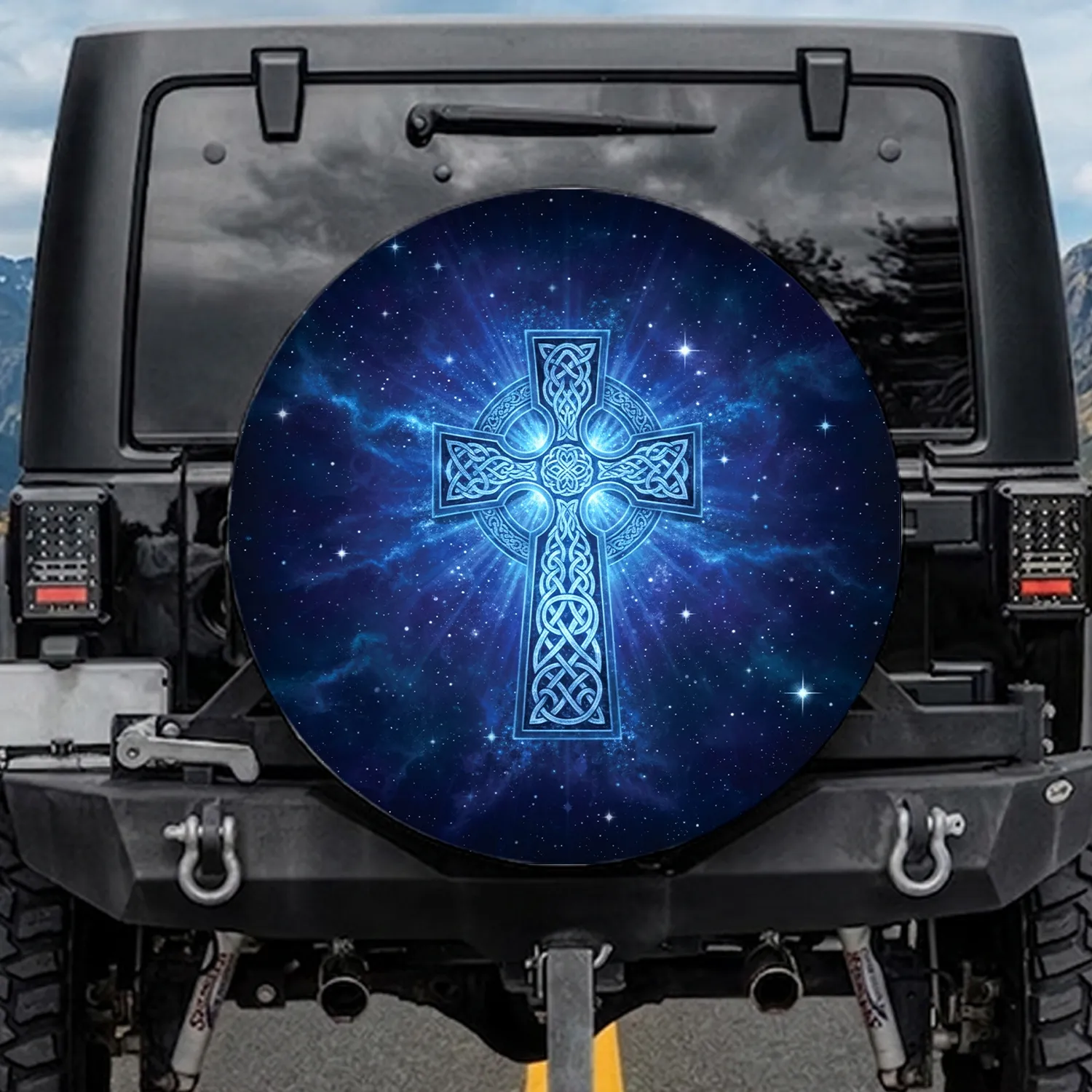 Ornate Luminous Celtic Cross, Radiant Stars & Cosmic Nebulae - Faith Devotion Gift Spare Tire Cover - 1