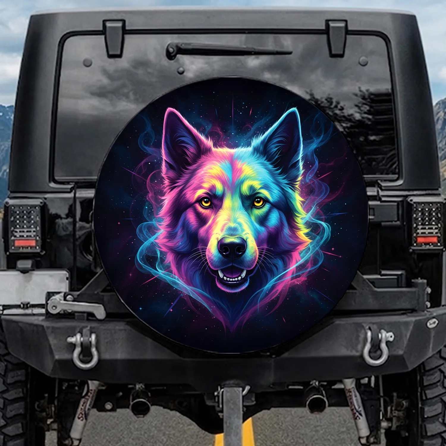Realistic Rainbow Neon Dog Head Snarling Fangs Cosmic Smoke - Dog Lover Wildlife Gift Spare Tire Cover - 1