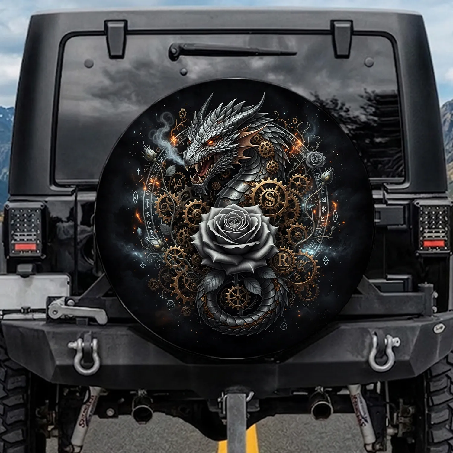 Majestic Dragon Steampunk Gears Rose Cosmic Void - Cinematic Dark Fantasy Home Decor Gift Spare Tire Cover - 1