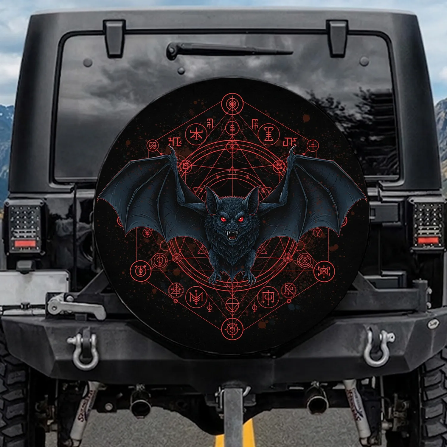 Aggressive Bat Glowing Eyes Esoteric Sigils Gritty Grunge - Dark Fantasy Lover Gift Spare Tire Cover - 1