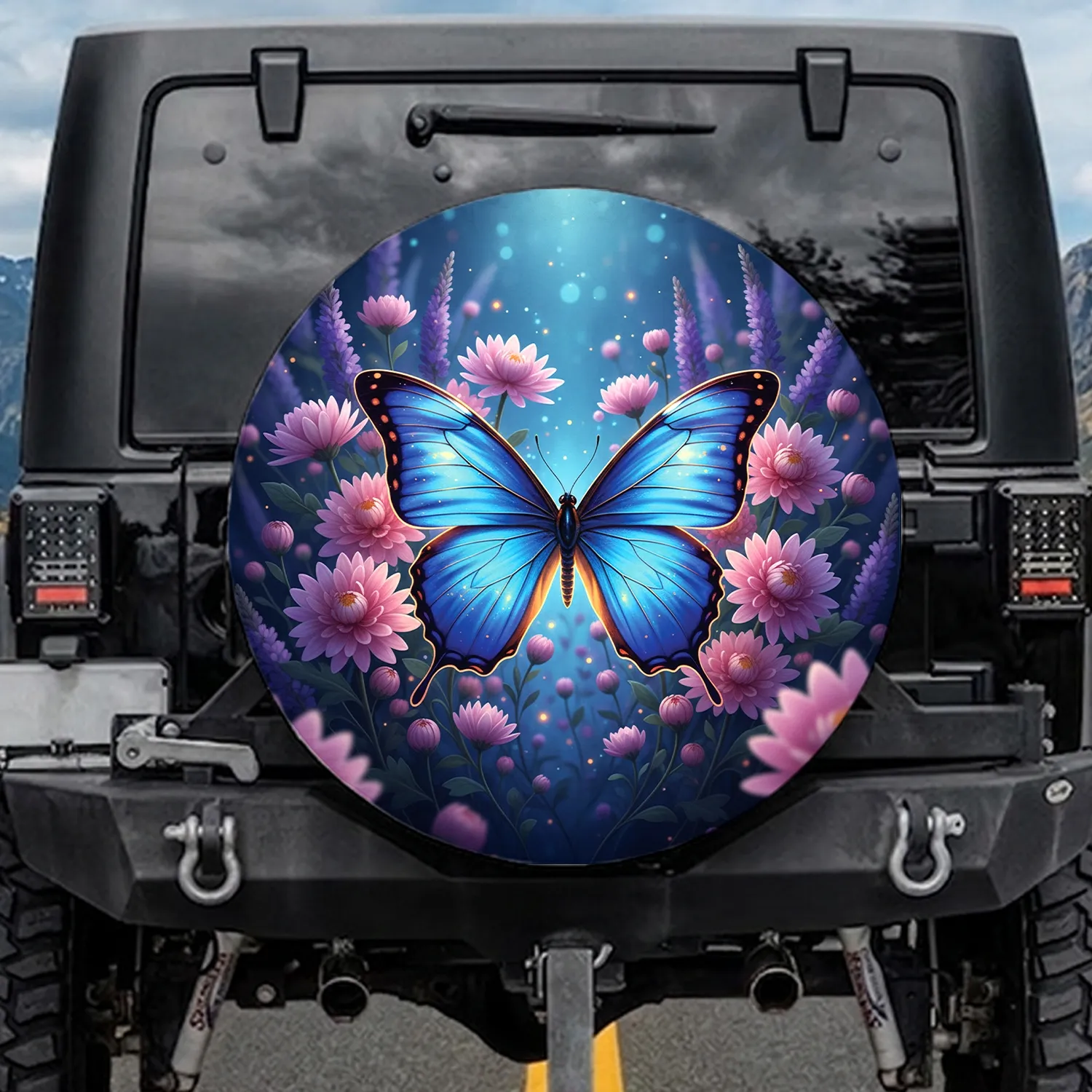 Glowing Blue Butterfly Pink Lavender Chrysanthemum Floral Garden - Wildlife Lover Gift Spare Tire Cover - 1