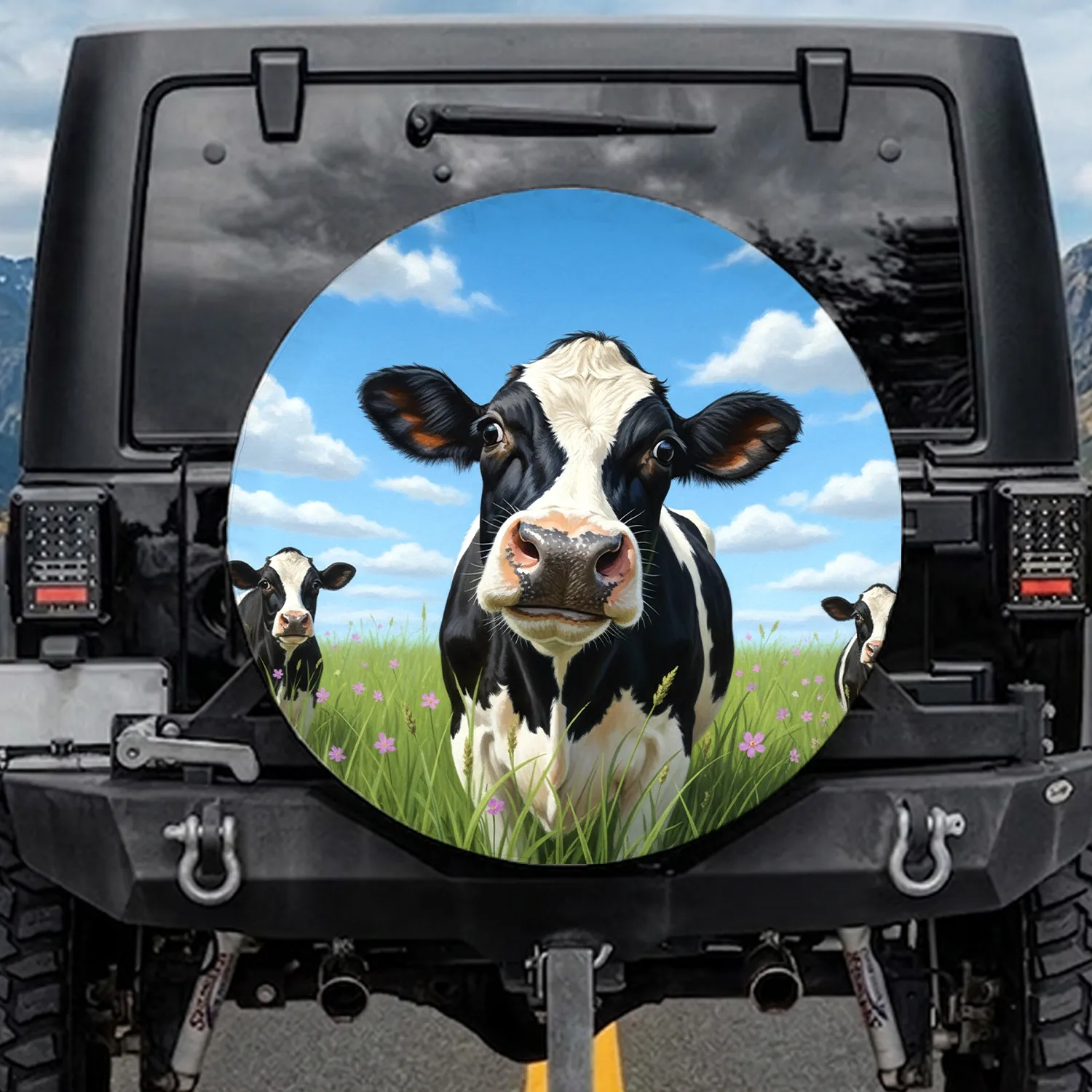 Holstein Cow Wildflower Meadow Blue Sky - Farmhouse Decor Gift for Cow Lover Spare Tire Cover - 1