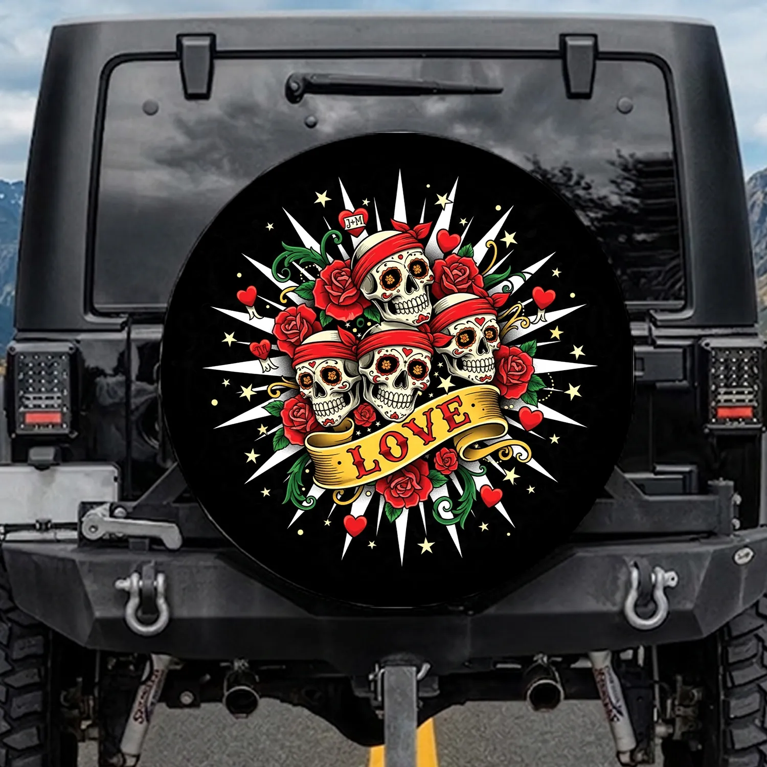 Sugar Skulls Love Banner Roses Hearts - Love Celebration Gift Spare Tire Cover - 1