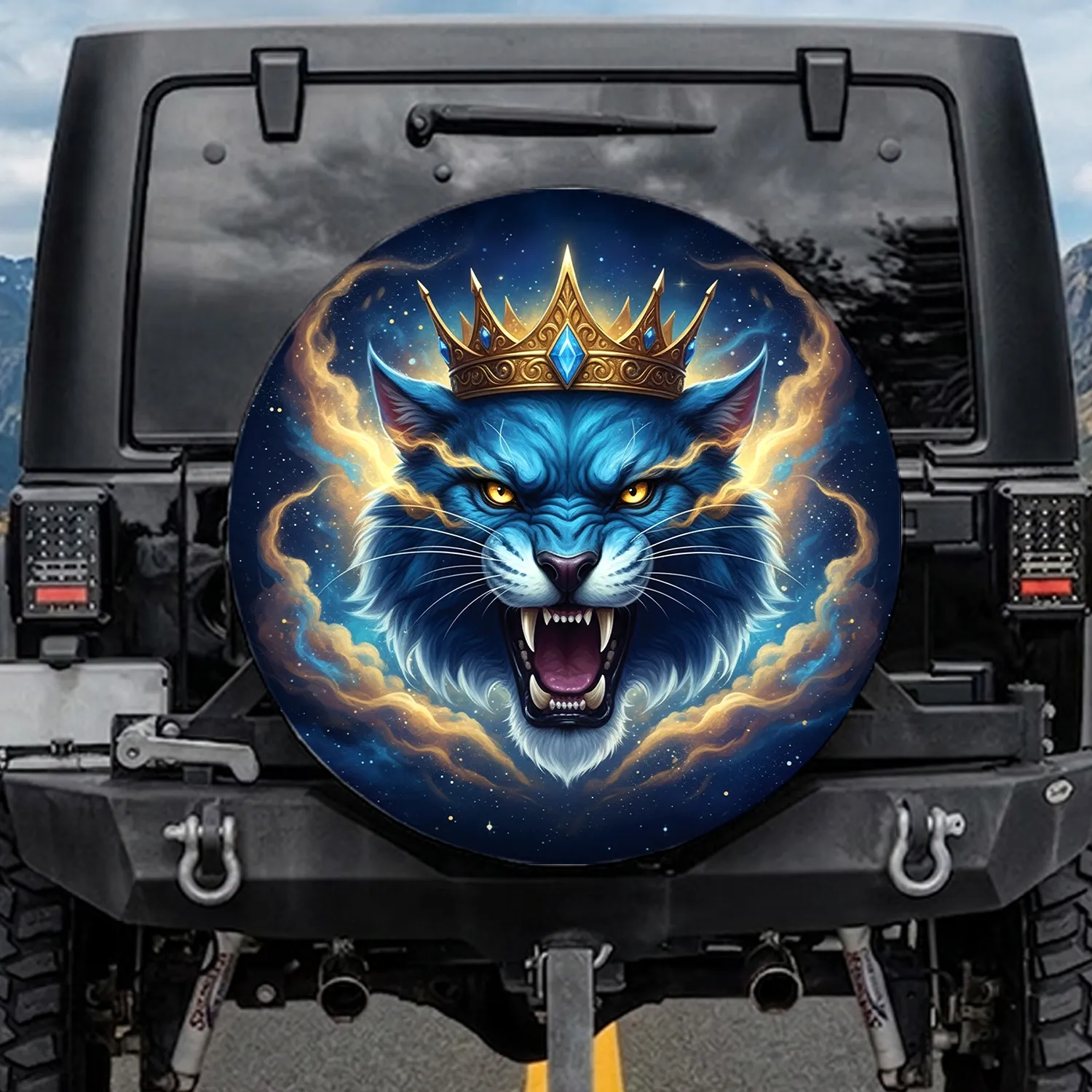 Snarling Blue Feline Golden Crown Blue Crystal Starlight - Fantasy Lover Gift Spare Tire Cover - 1