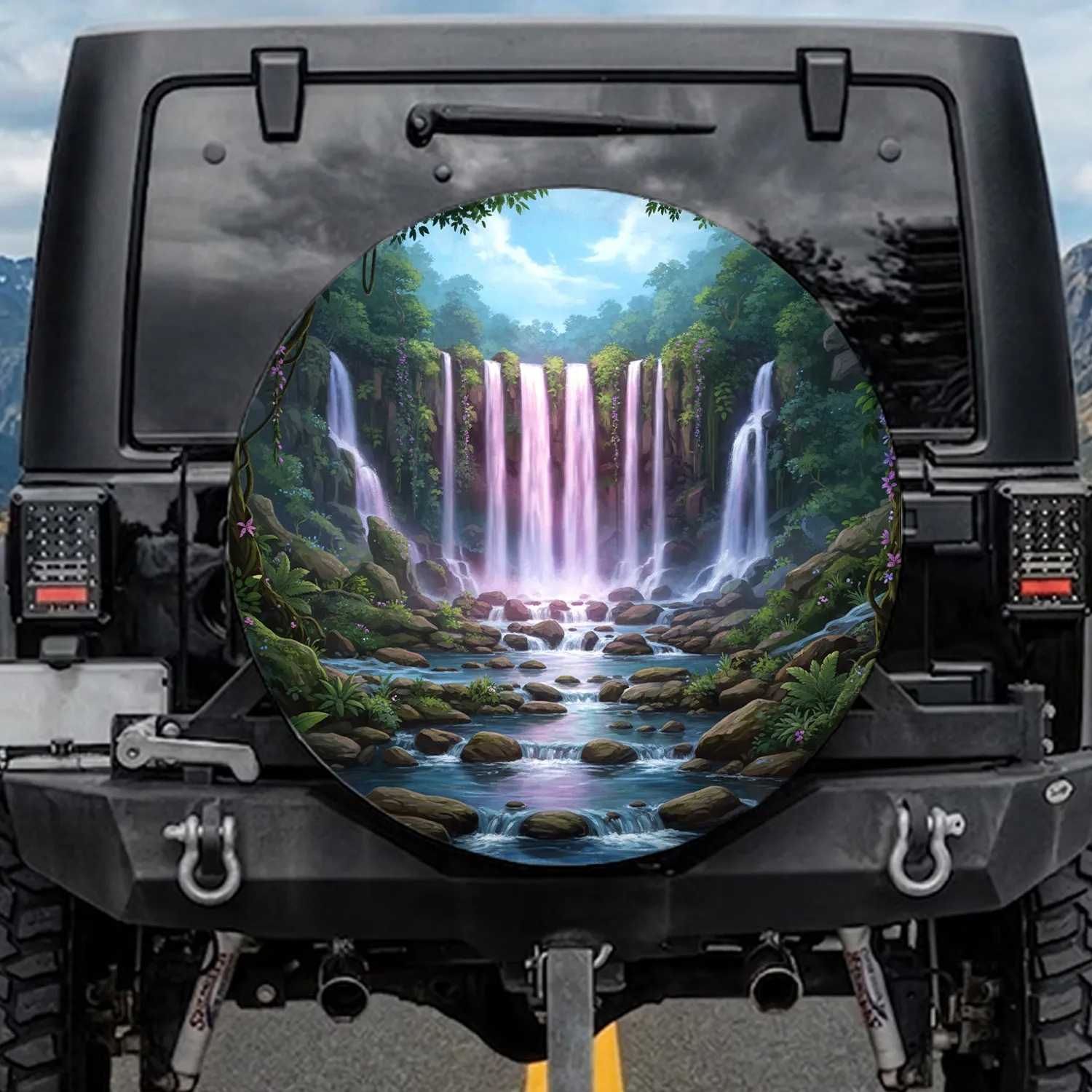 Multi-tiered Waterfall Moss Cliff Jungle Foliage Stream Vines Rocks - Nature Lover Gift Spare Tire Cover - 1