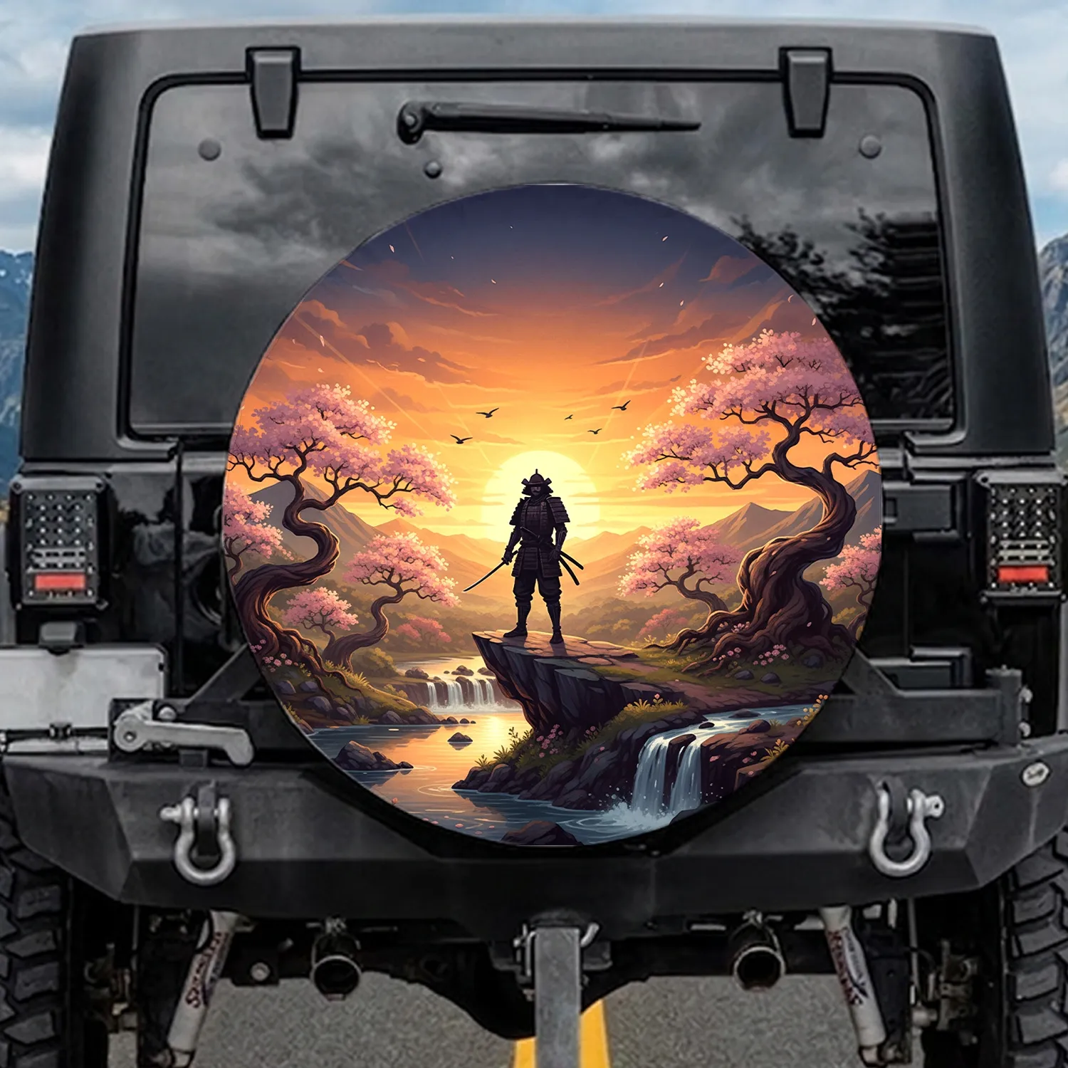 Samurai Warrior Sunset Cherry Blossom Japanese Landscape - Travel Essentials Gift Spare Tire Cover - 1