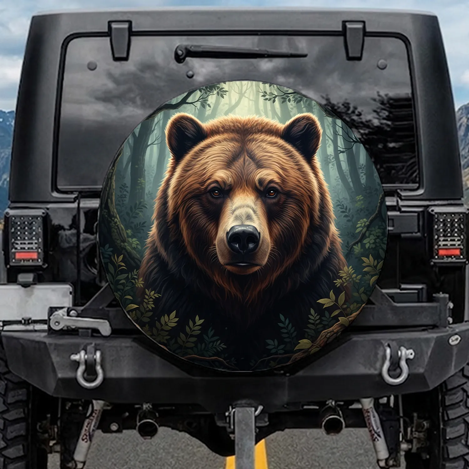 Powerful Gaze Grizzly Bear Dark Forest Wilderness - Wildlife Lover Gift Spare Tire Cover - 1