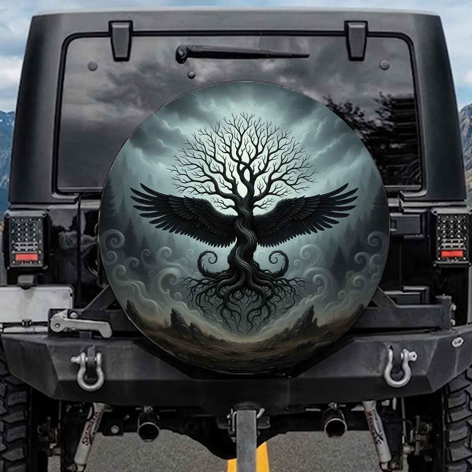 Majestic Gnarled Tree Raven Wings Dark Forest Brooding Sky - Outdoor Adventure Gift Spare Tire Cover - 1