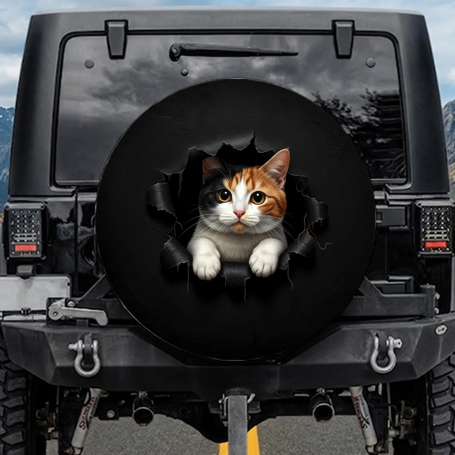 Calico Cat Curious Eyes Torn Opening Matte Black Background - Cat Lover Gift Spare Tire Cover - 1