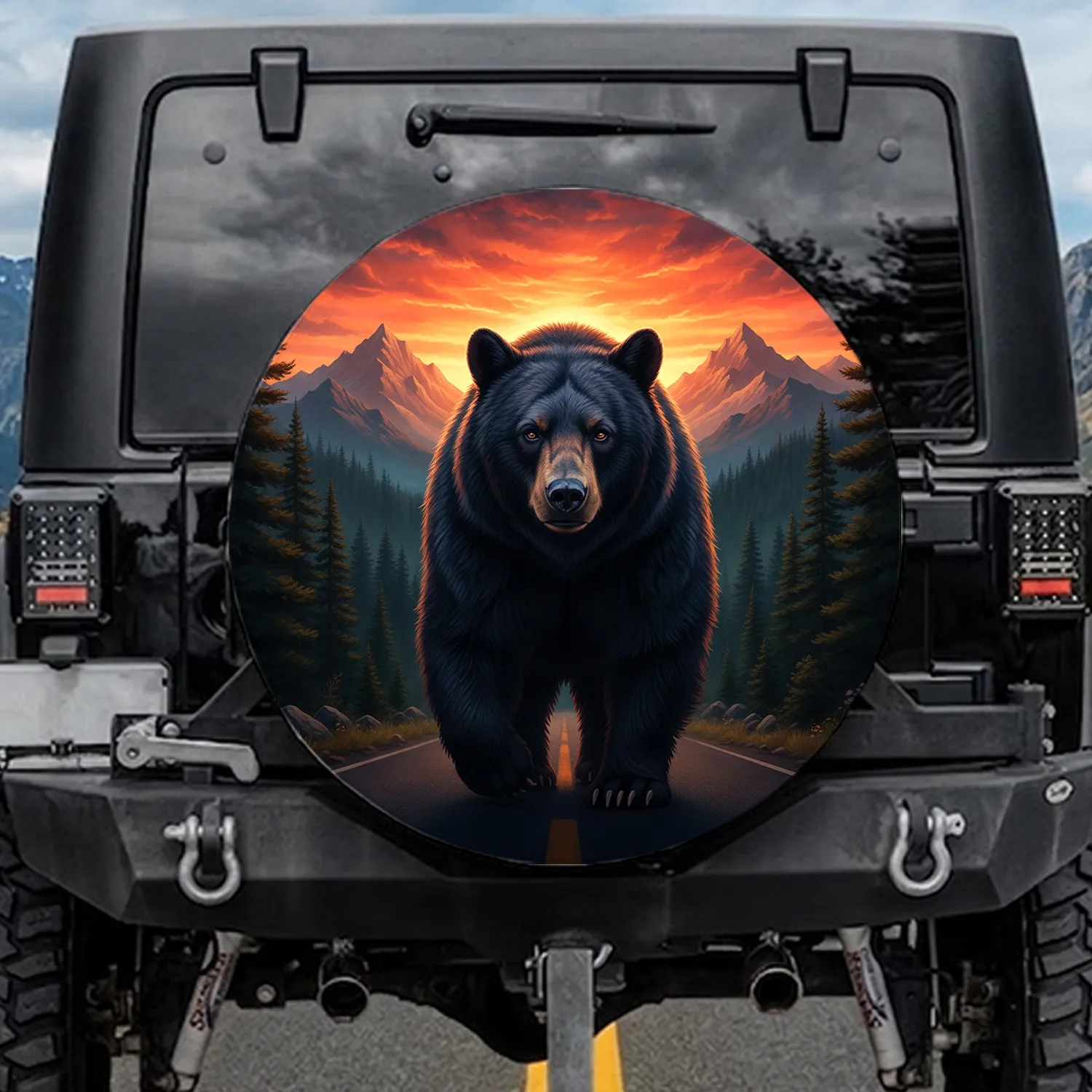 Black Bear Forest Sunset Mountains - Wildlife Lover Gift Spare Tire Cover - 1
